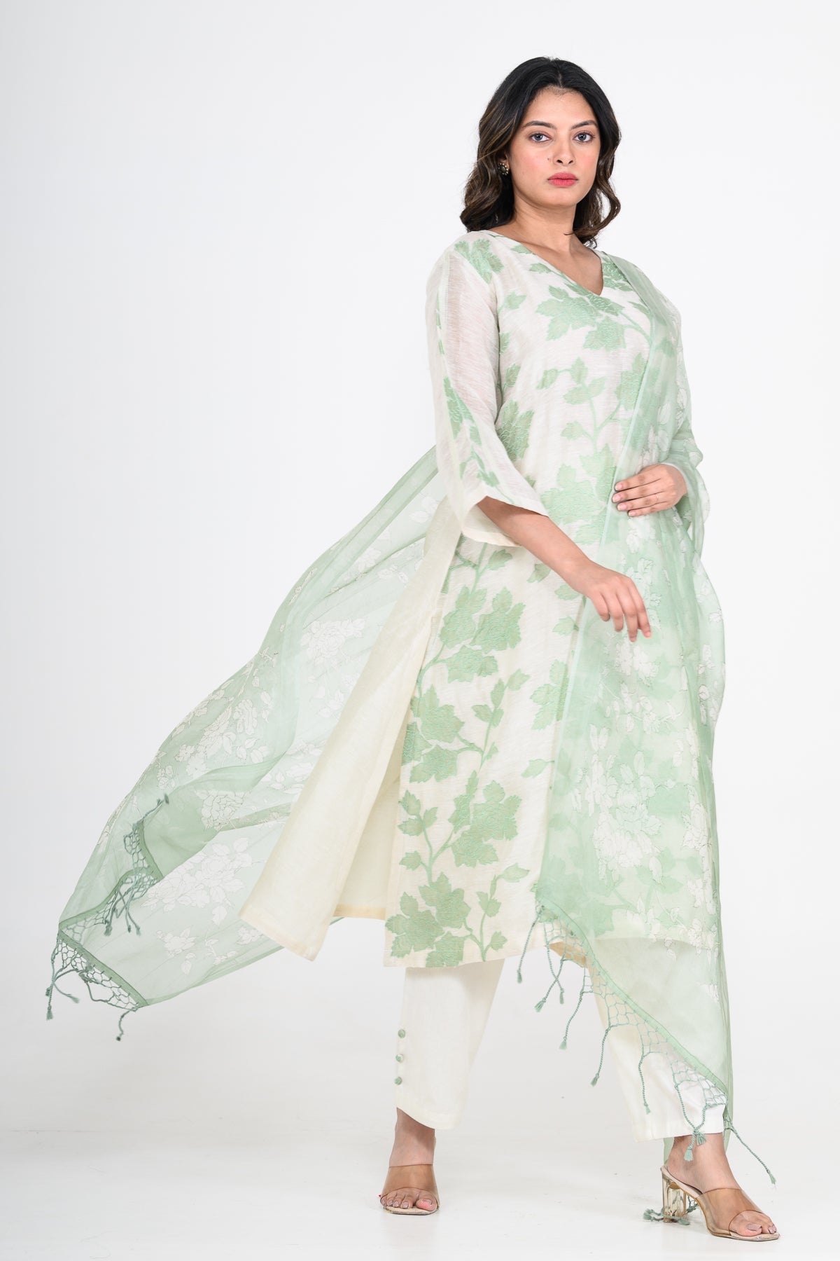 Green Printed Pure Mulmul Kurta Set with Appliques