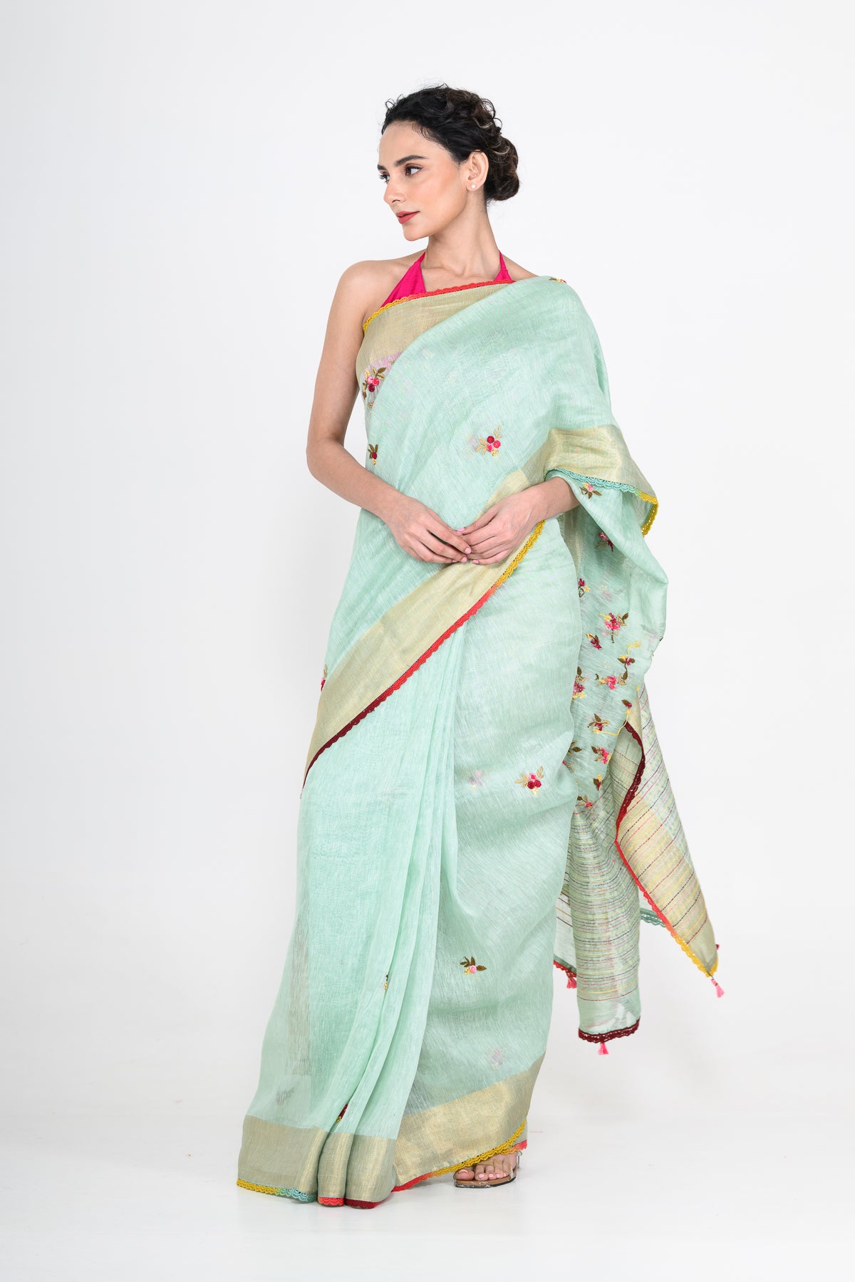 Light Green Pure Linen Saree with Thread Work