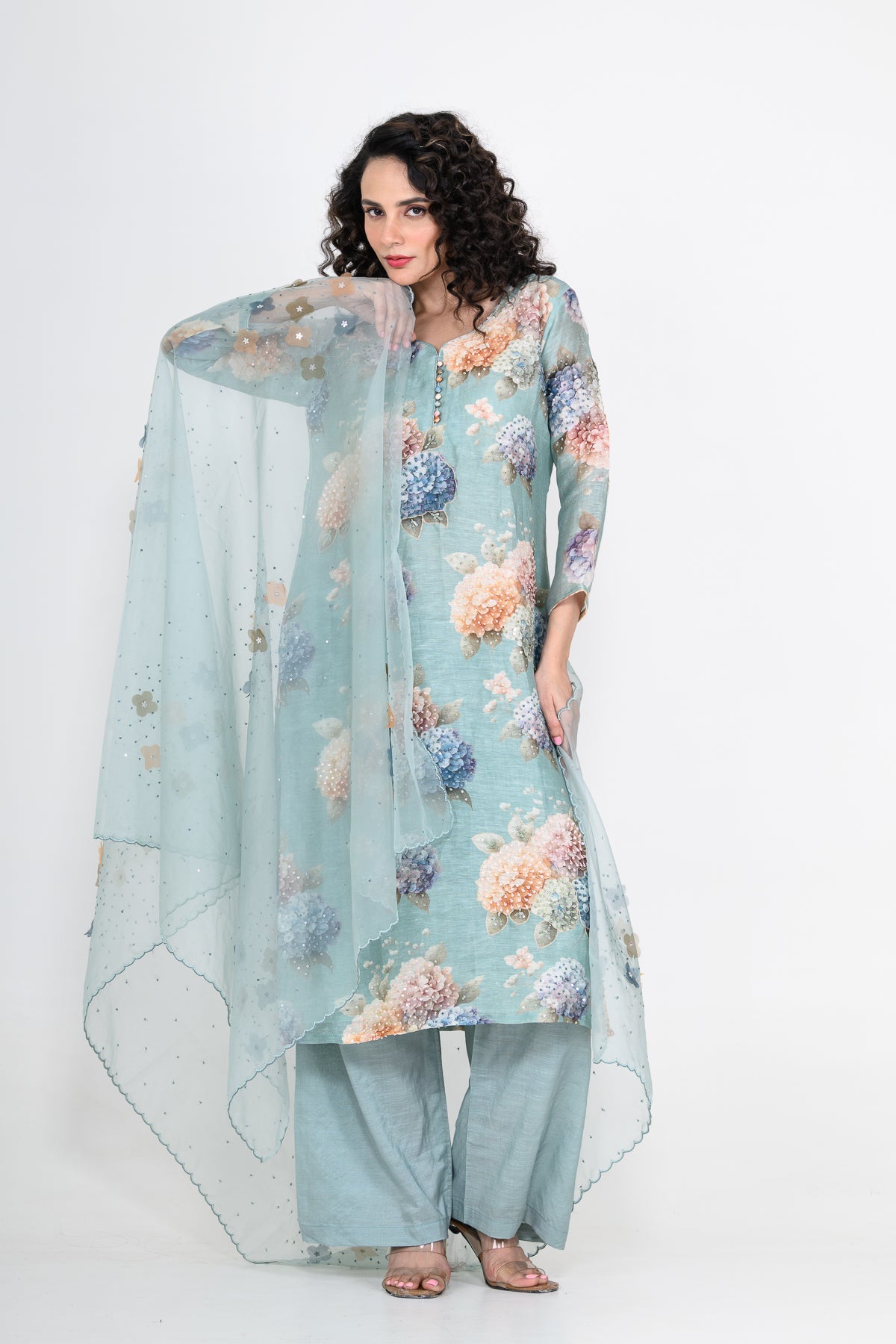 Powder Blue Printed Linen Kurta Set with Tikki & Cutdana Highlight