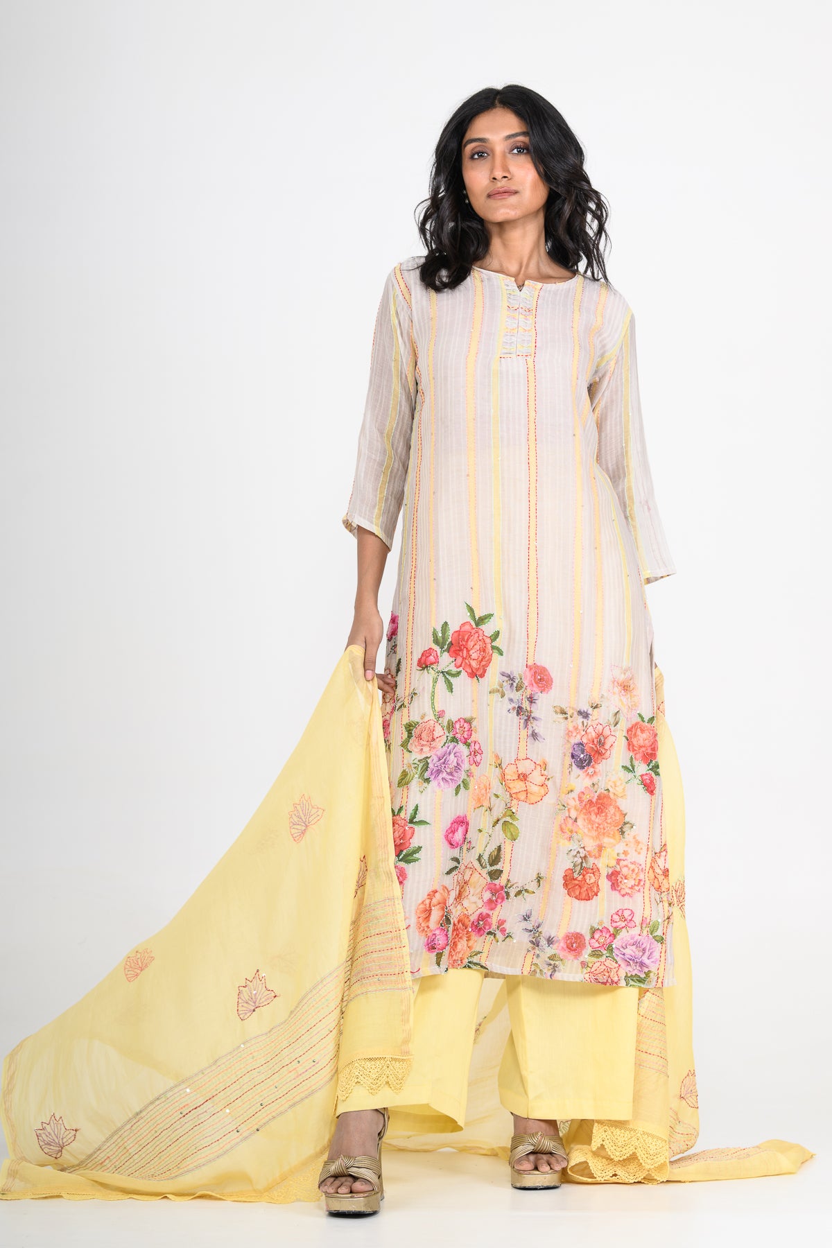 Yellow Printed Pure Mulmul Kurta Set & Dupatta with Katha Embroidery