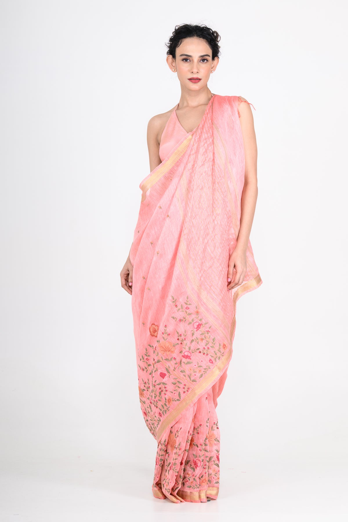 Parsi Embroidered Pink Pure Linen Saree