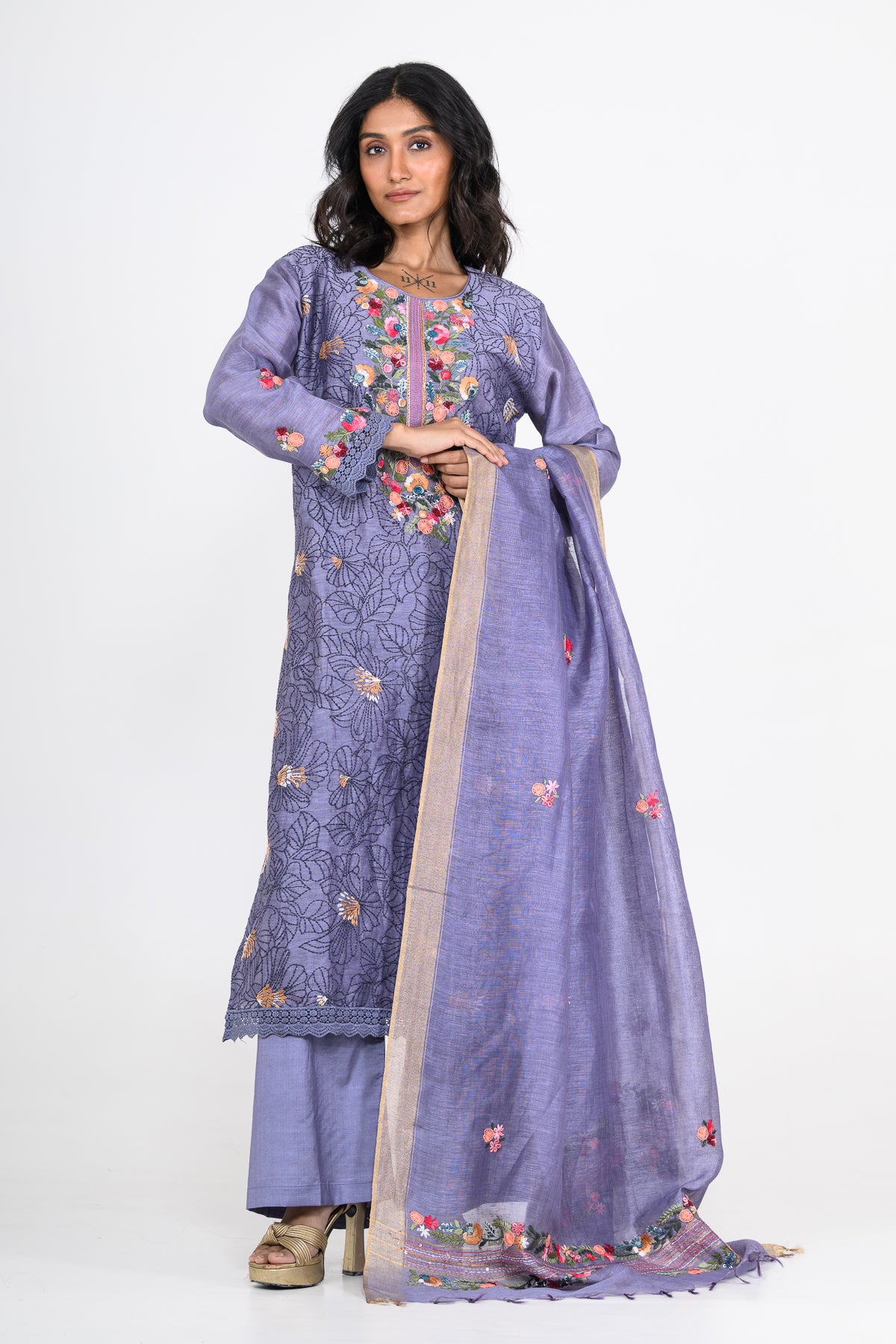 Resham Embroidered Deep Blue Pure Linen Kurta Set & Dupatta