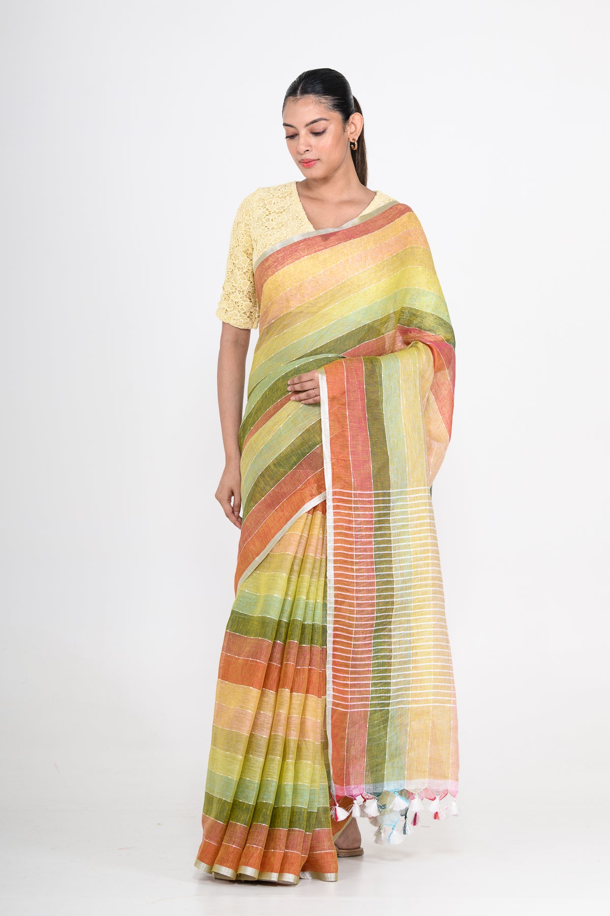 Multicolored Handwoven Striped Pure Linen Saree