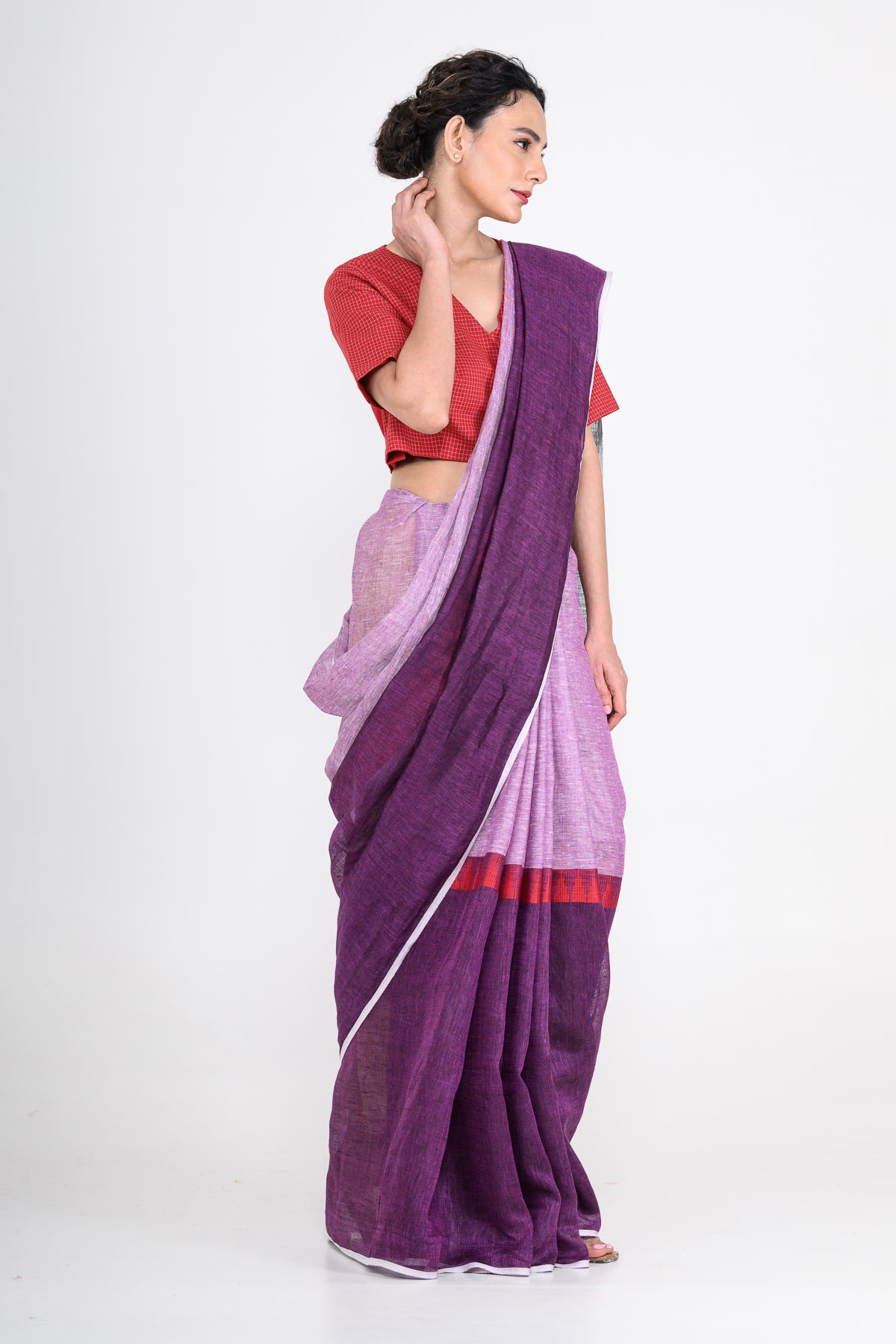 Purple Handwoven Striped Pure Linen Saree