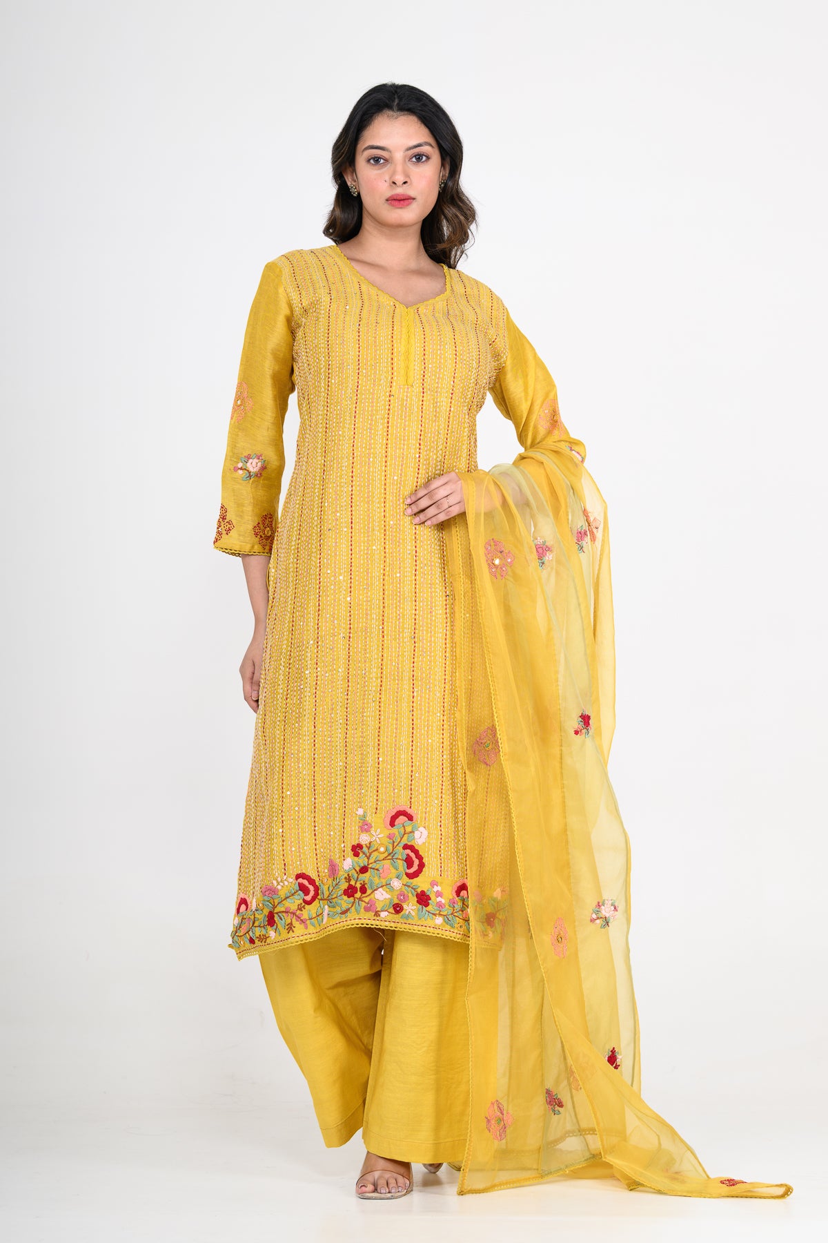Pure Linen Mustard Yellow Kurta Set & Dupatta with Katha Work