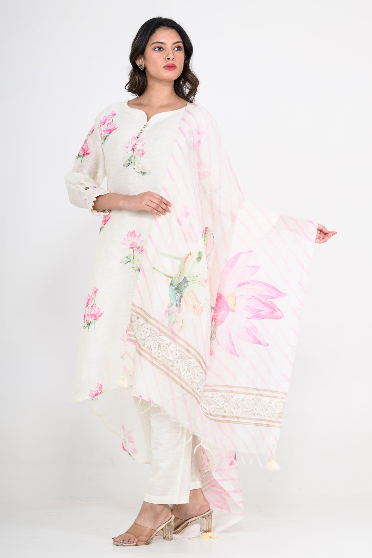 Floral Printed Pure Linen Off White Kurta Set with Dupatta