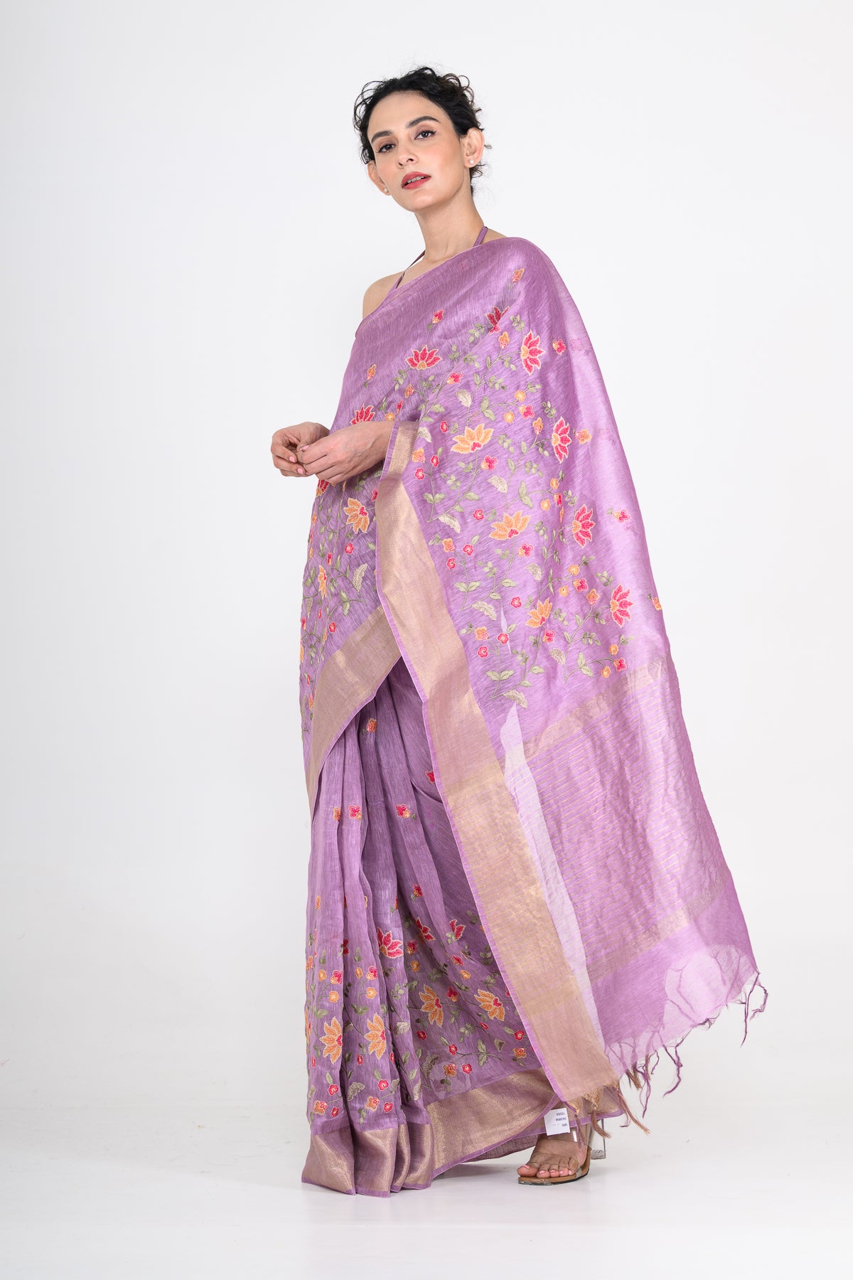 Parsi Embroidered Purple-Gold Pure Linen Saree