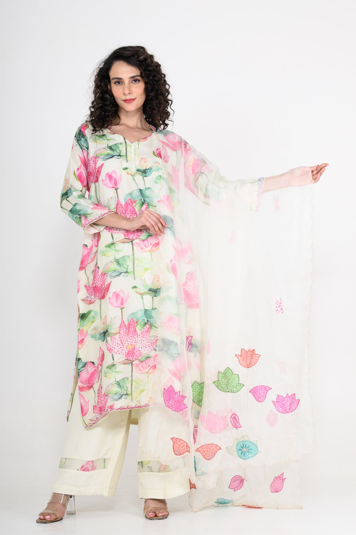 White & Pink Organza Kurta Set with Applique & Hand Embroidery