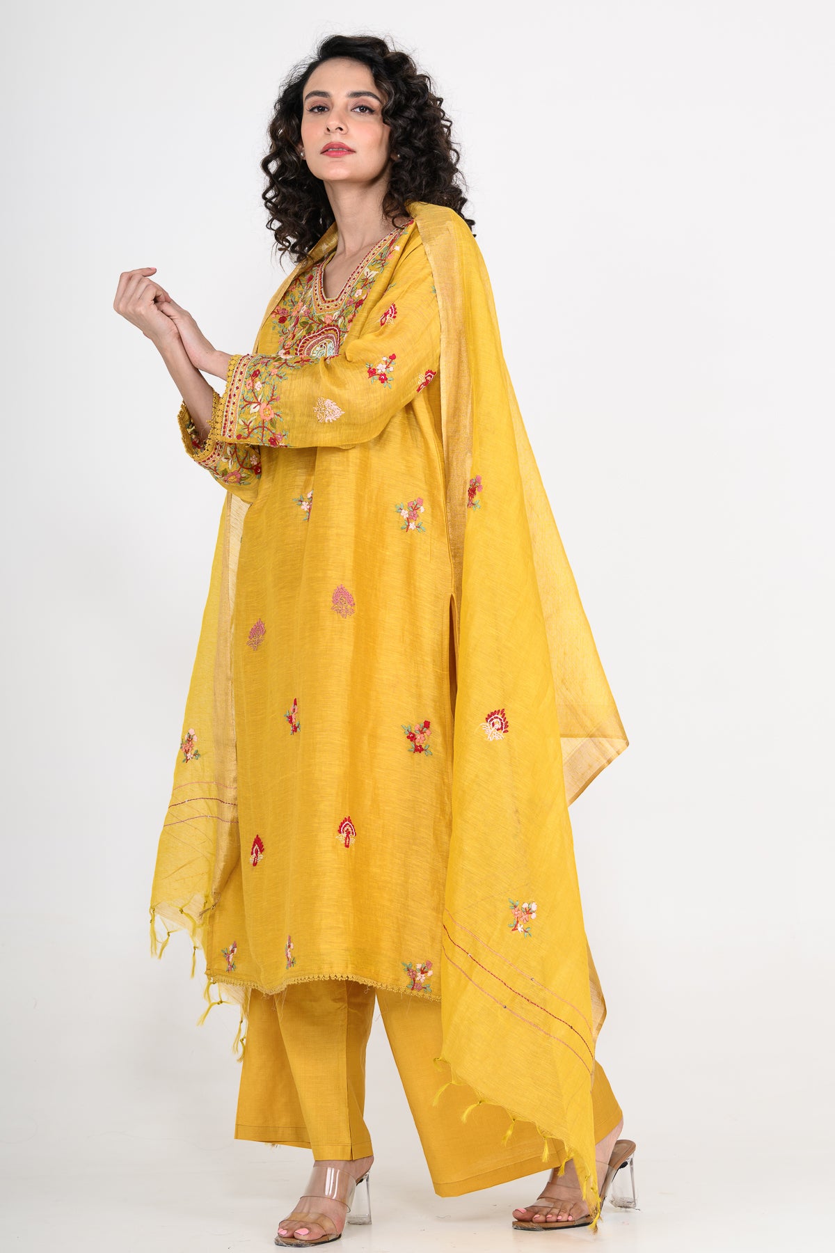Mustard Yellow Kurta Set & Dupatta with Thread Work in Pure Linen
