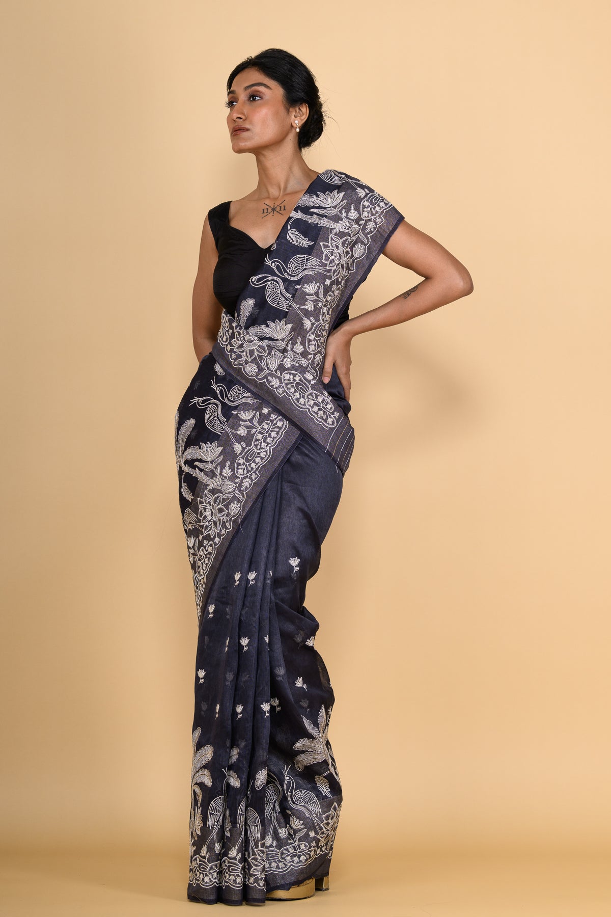 Deep Blue Hand Embroidered Pure Linen Saree