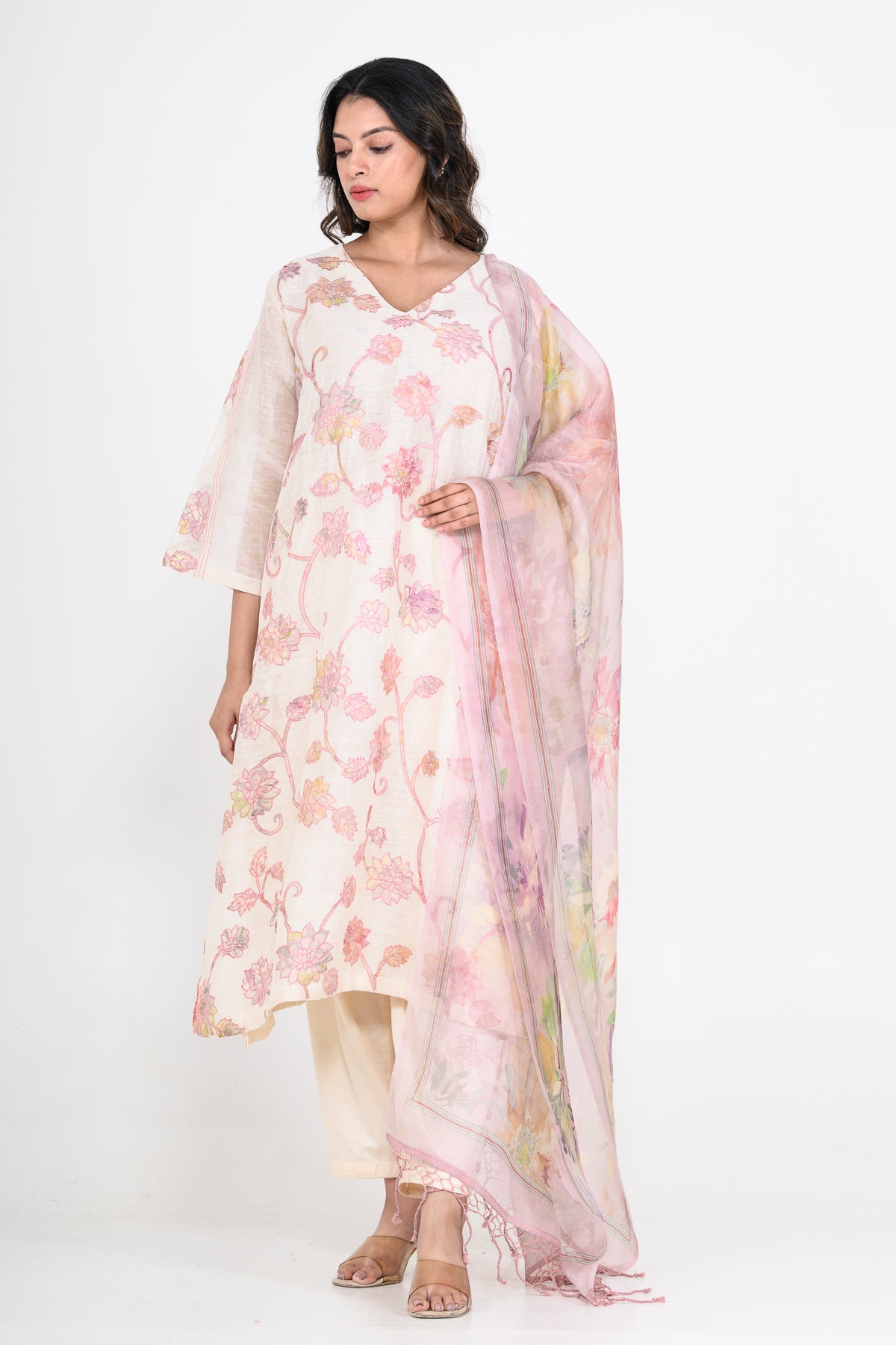 White-Purple Pure Mulmul Printed Kurta Set with Appliques