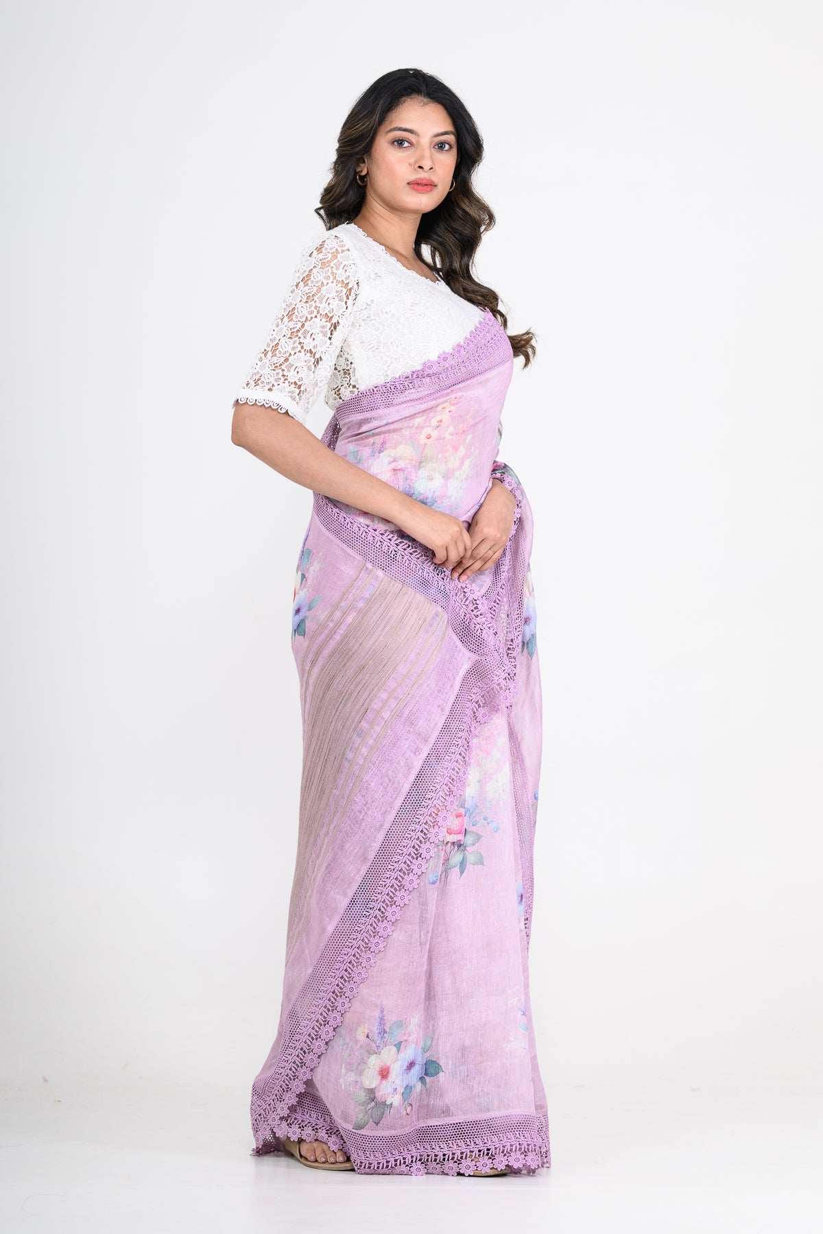 Lavender Purple Floral Printed Pure Linen Saree
