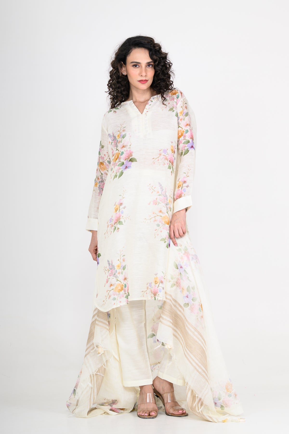 Pure Linen Off White Kurta Set with Dupatta