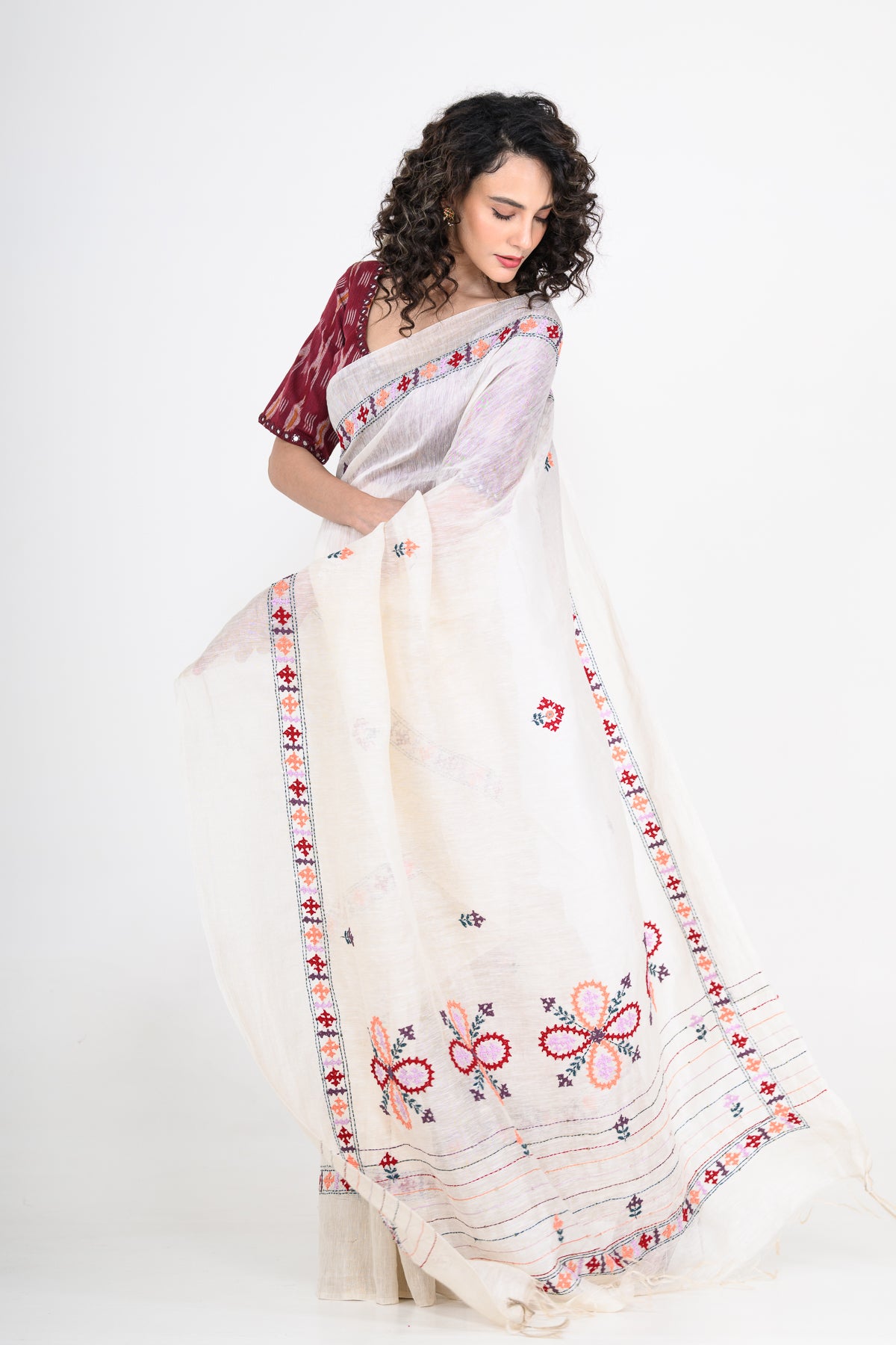 Pure Linen White Saree with Thread Work