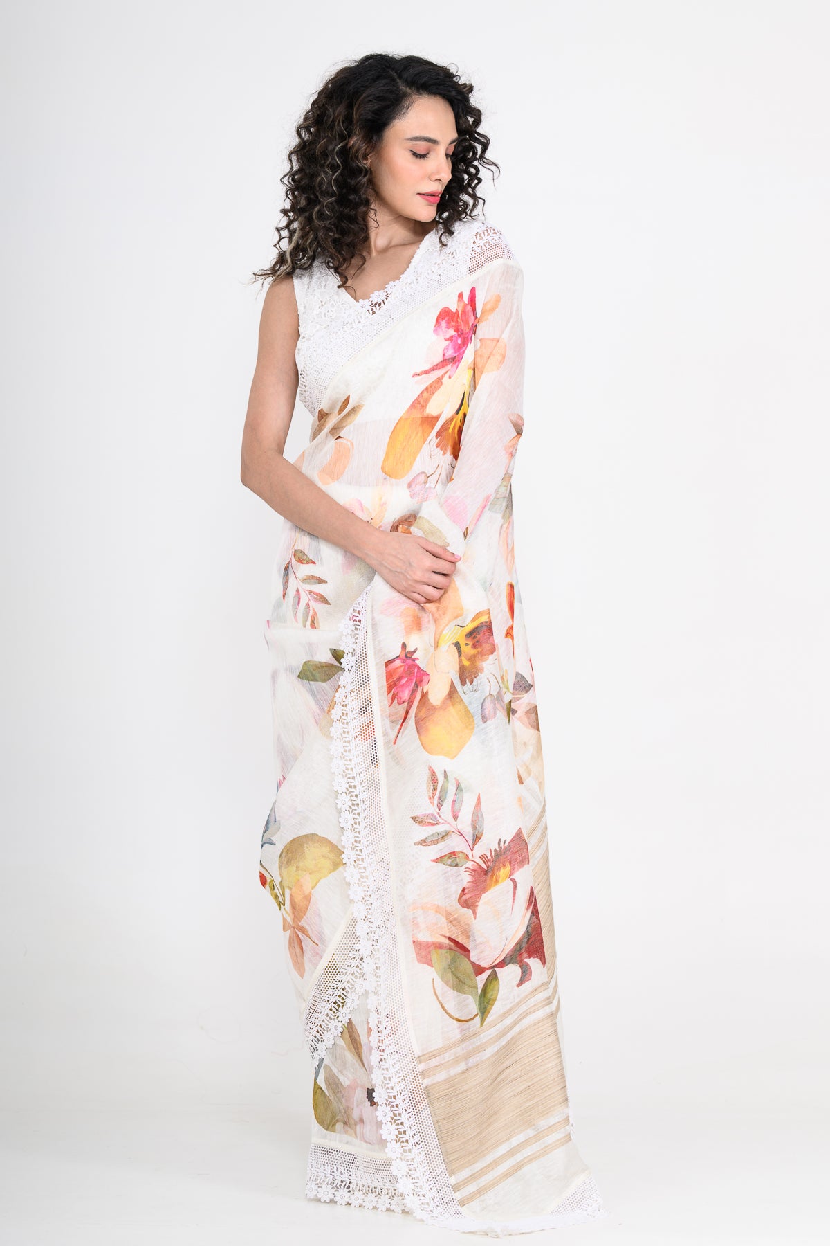Graceful Off White Floral Printed Pure Linen Saree