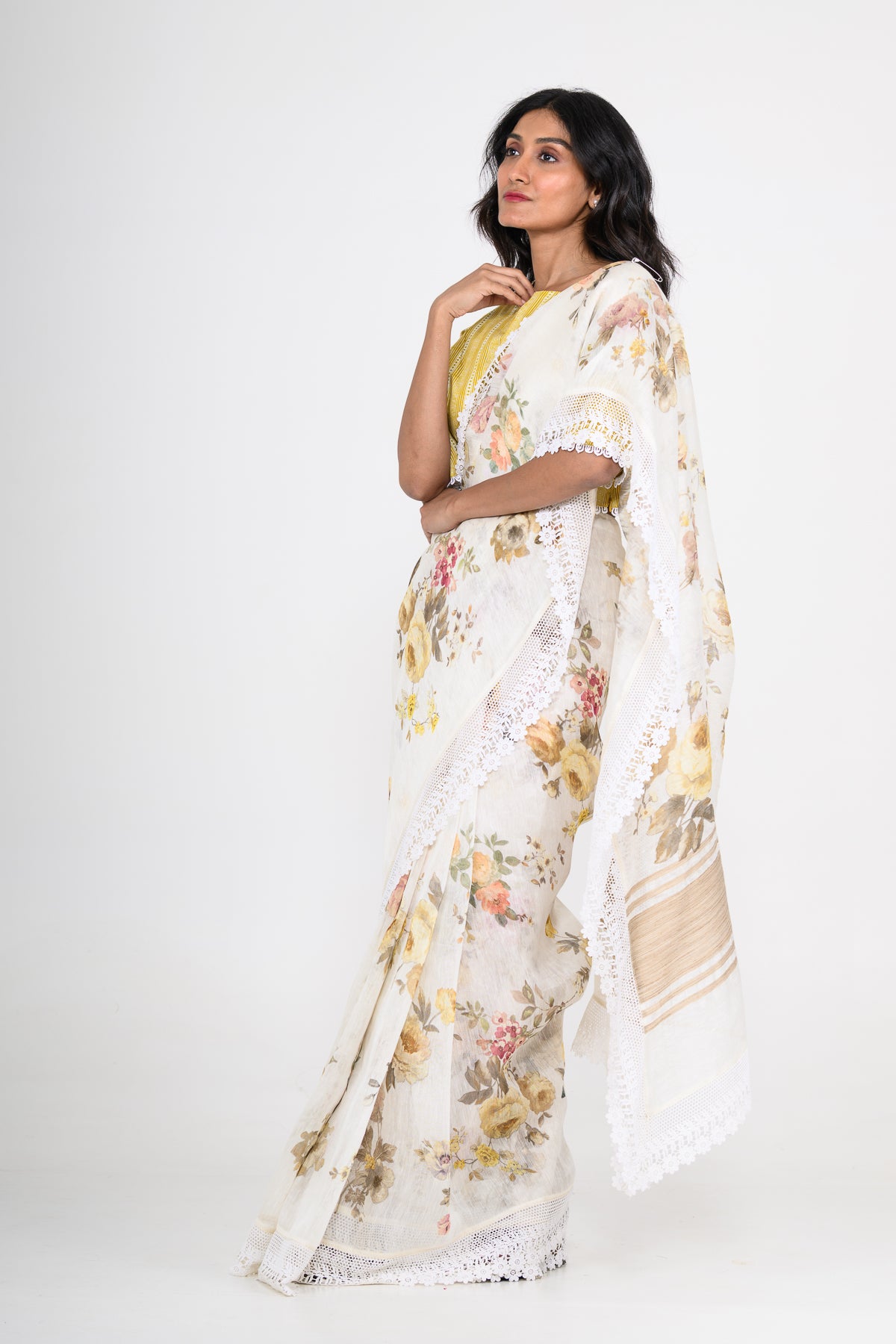 White Floral Printed Pure Linen Saree with Lace Work