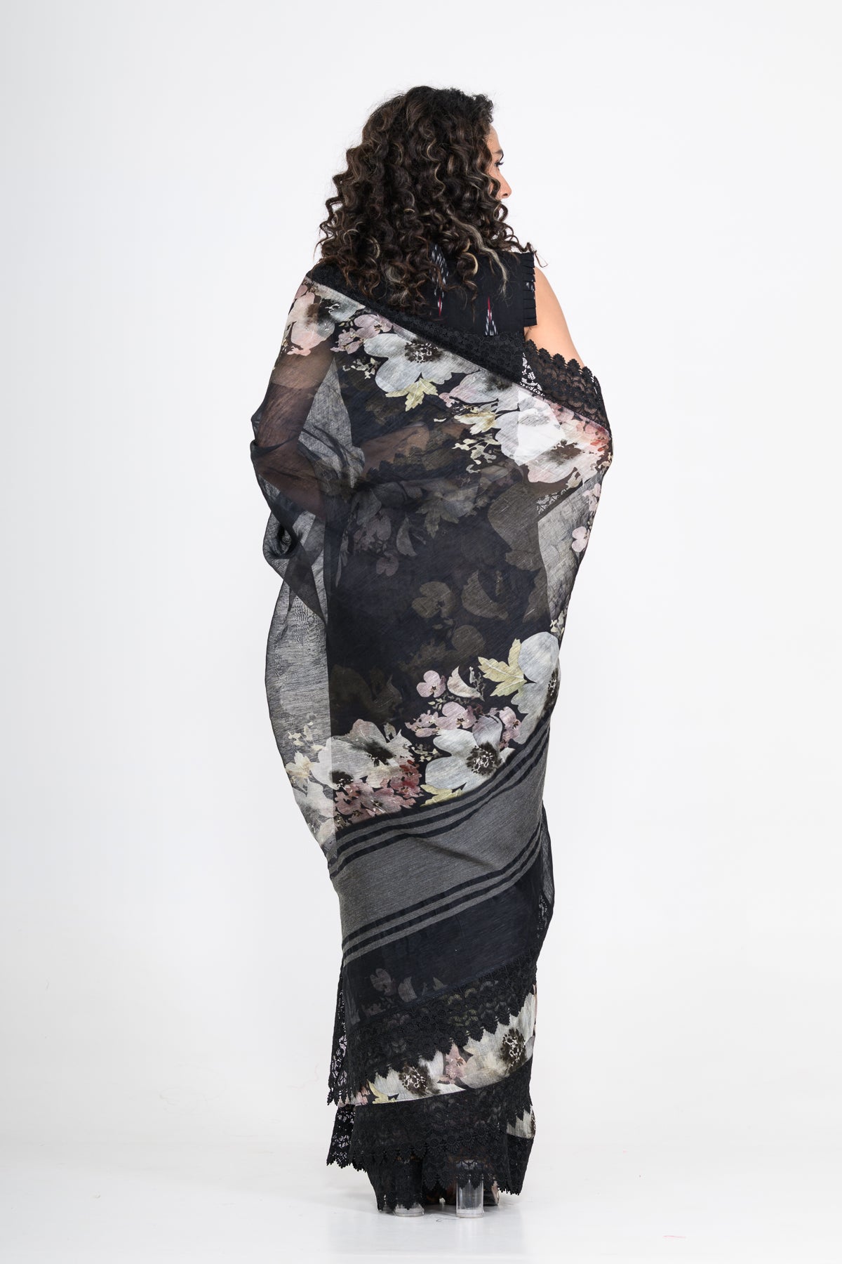 Floral Printed Pure Linen Black Saree