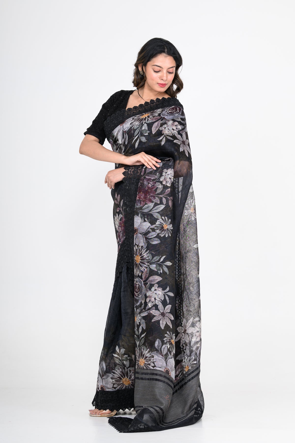 Floral Printed Pure Linen Black Saree with Lace Work