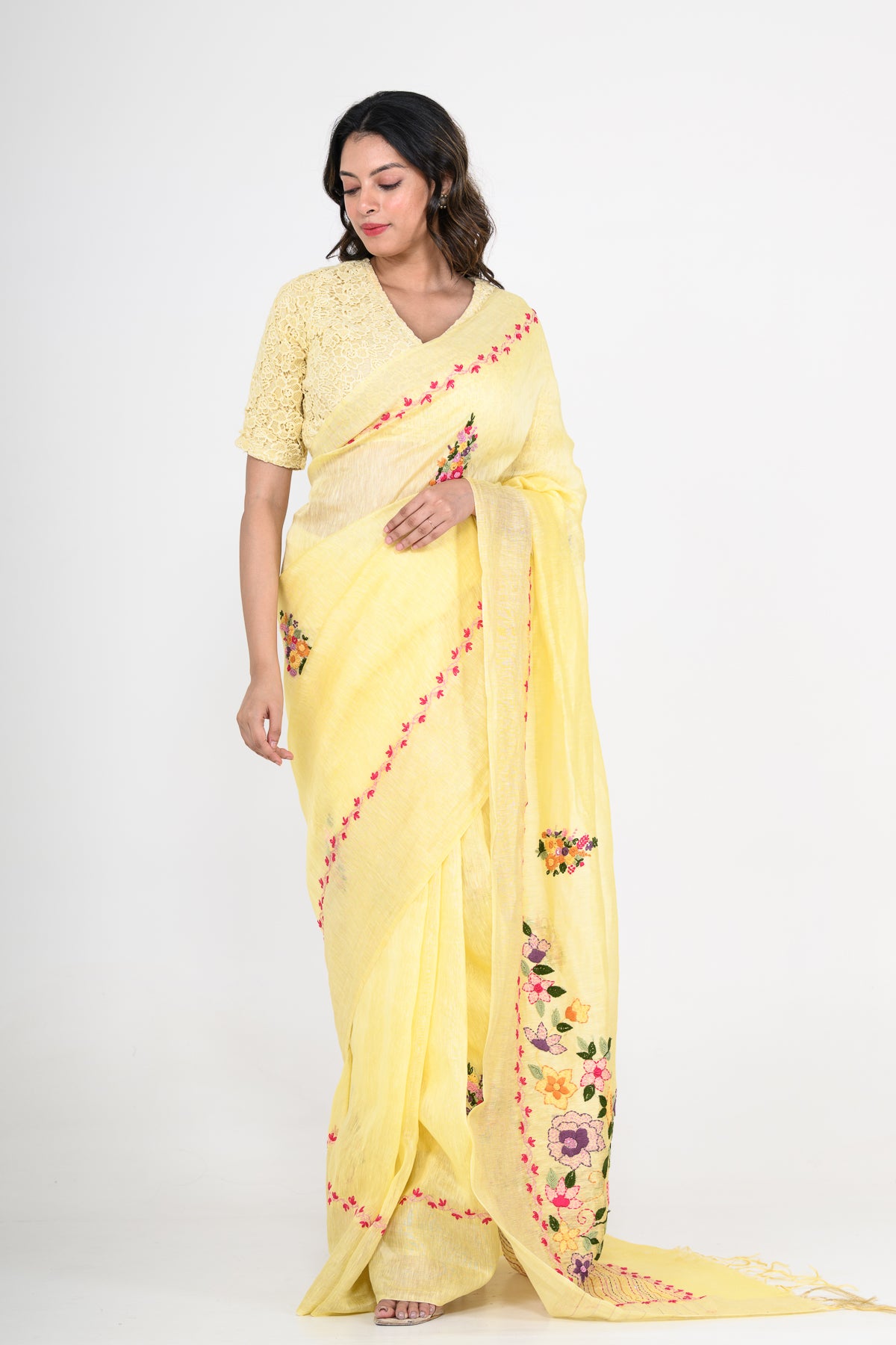 Yellow Pure Linen Saree with Tikki & Thread Work