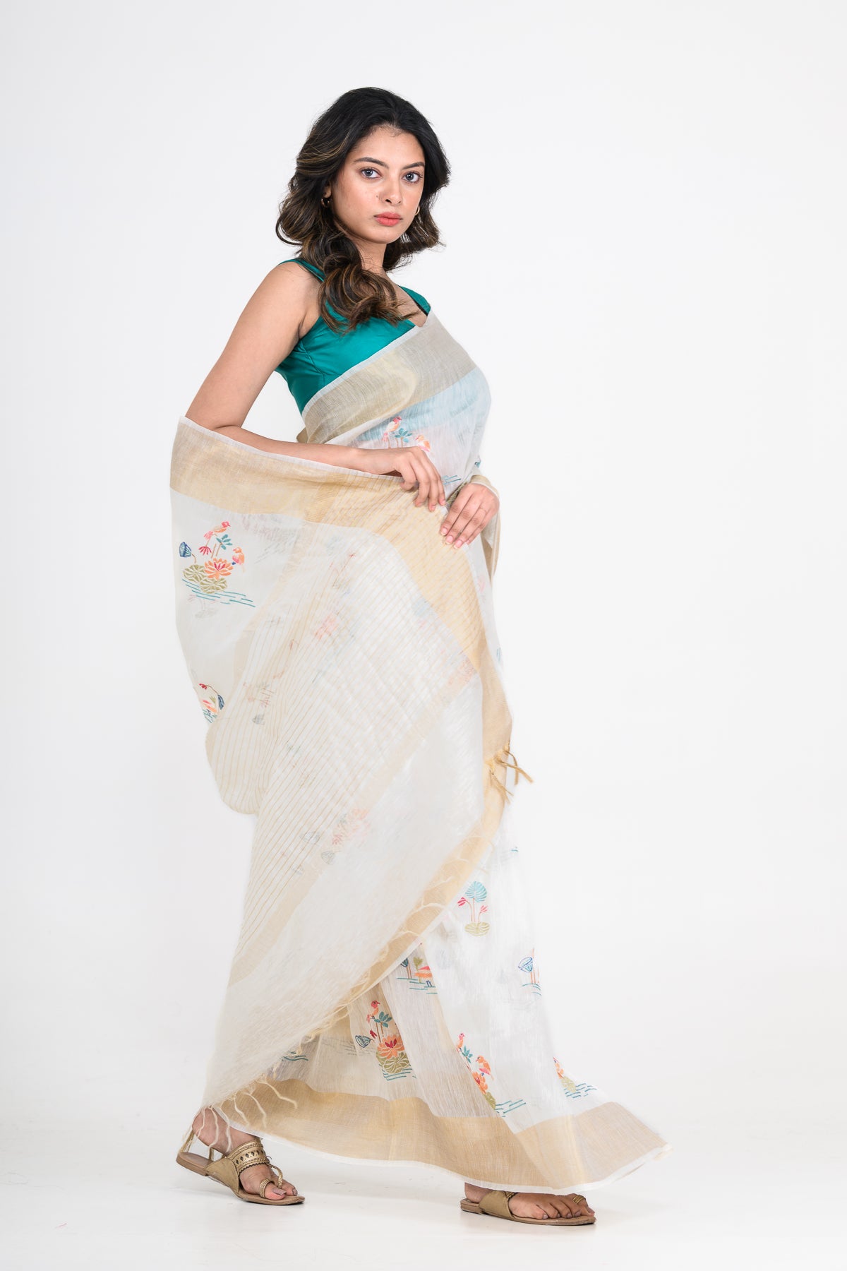 White-Gold Dual Tone Floral Printed Pure Linen Saree