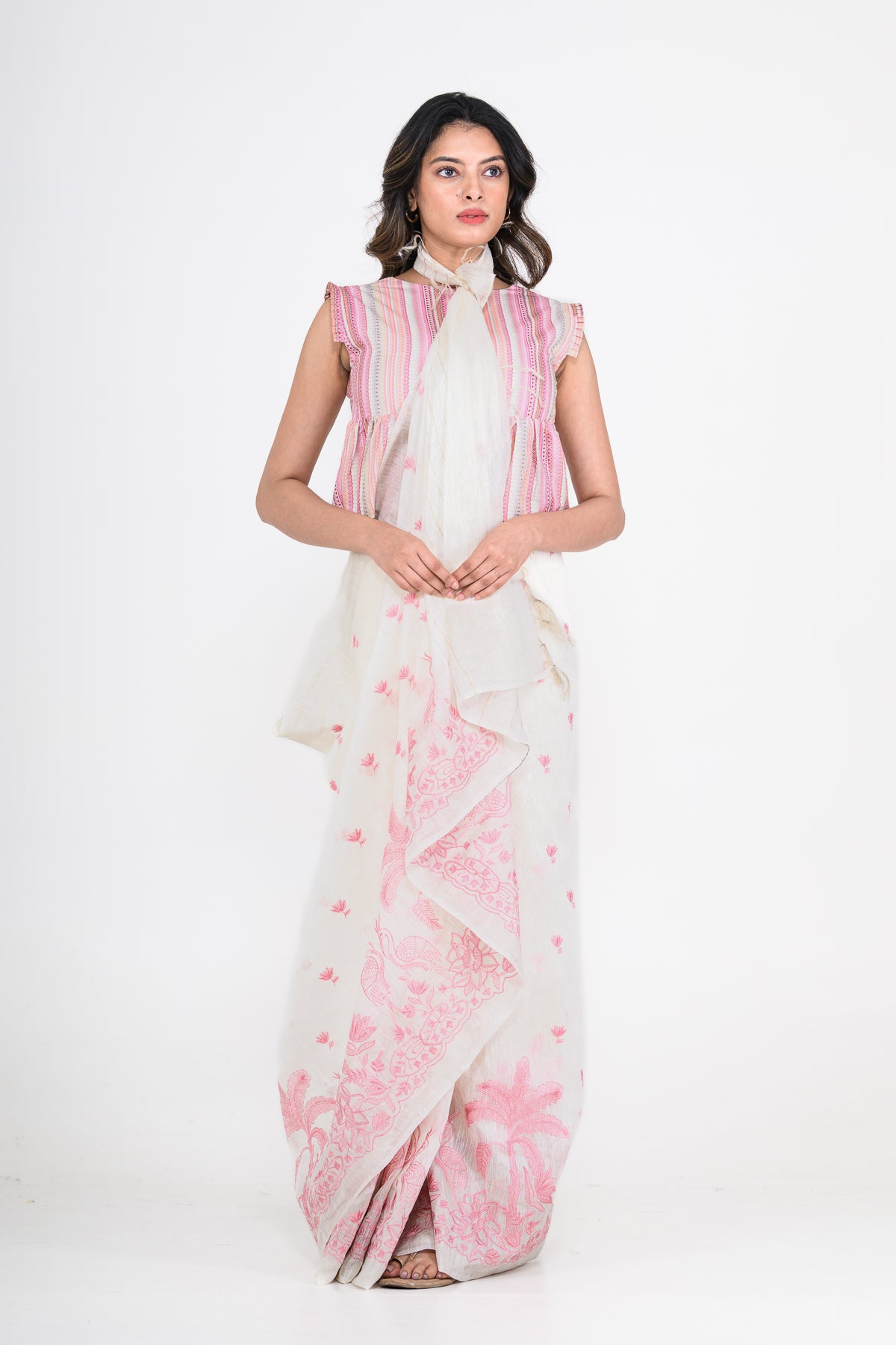 White-Pink Dual Tone Printed Pure Linen Saree