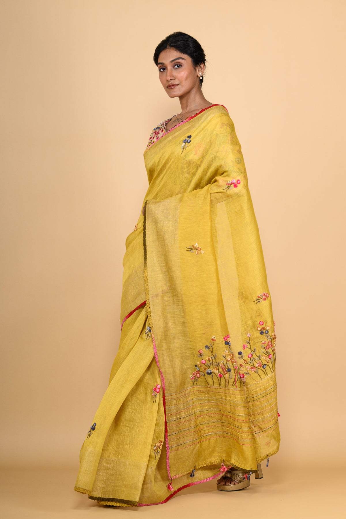 Topaz Yellow Pure Linen Saree with Thread Work
