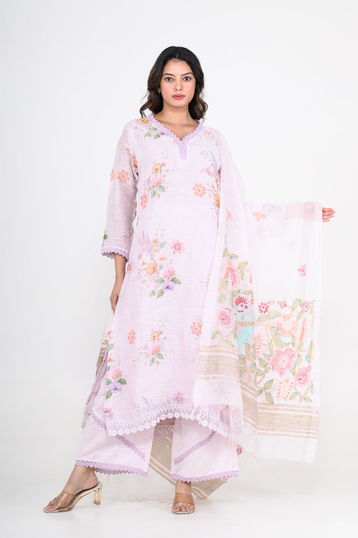 Lavender Purple Pure Linen Printed Kurta Set with Katha Work