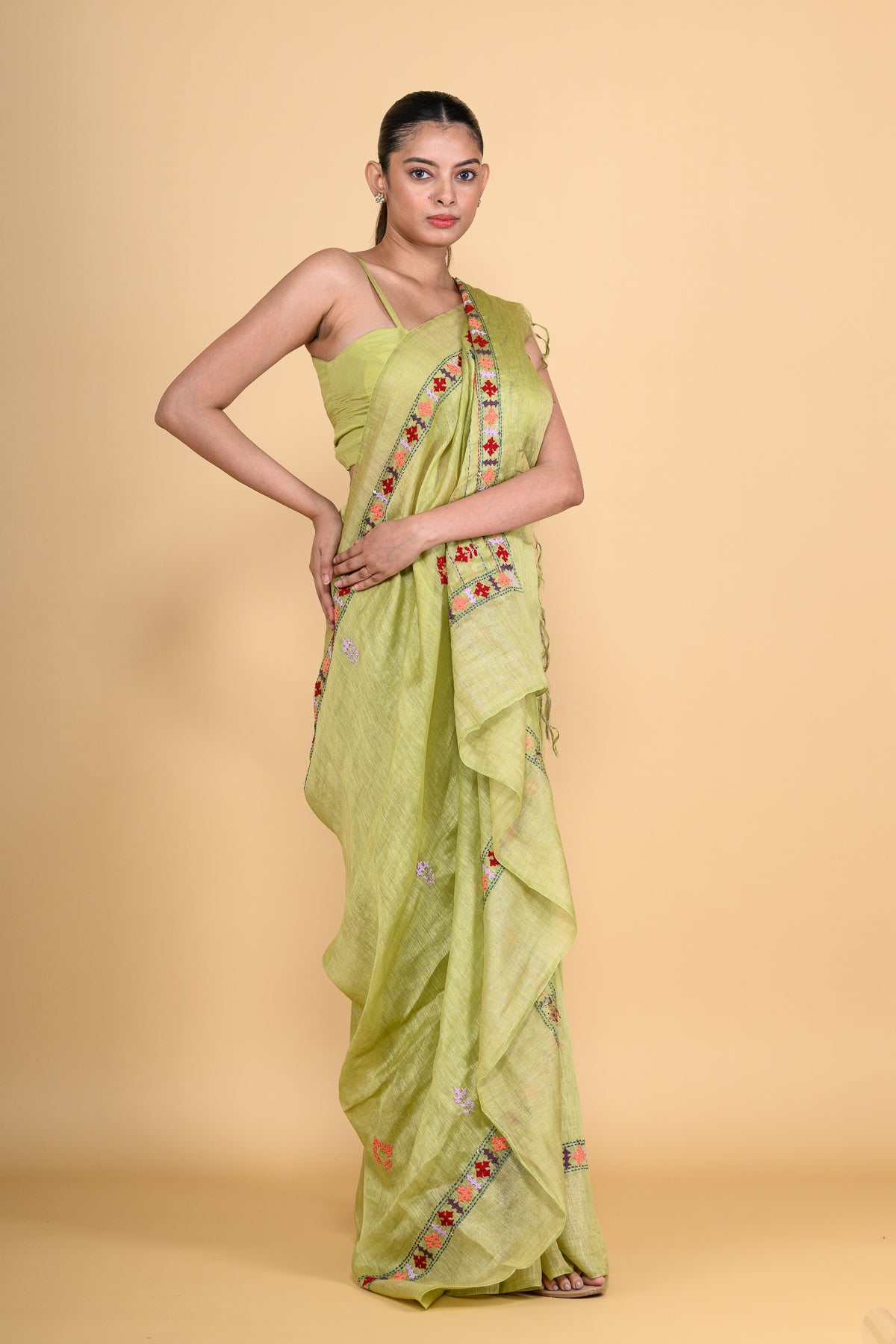 Leaf Green Pure Linen Saree with Thread Work