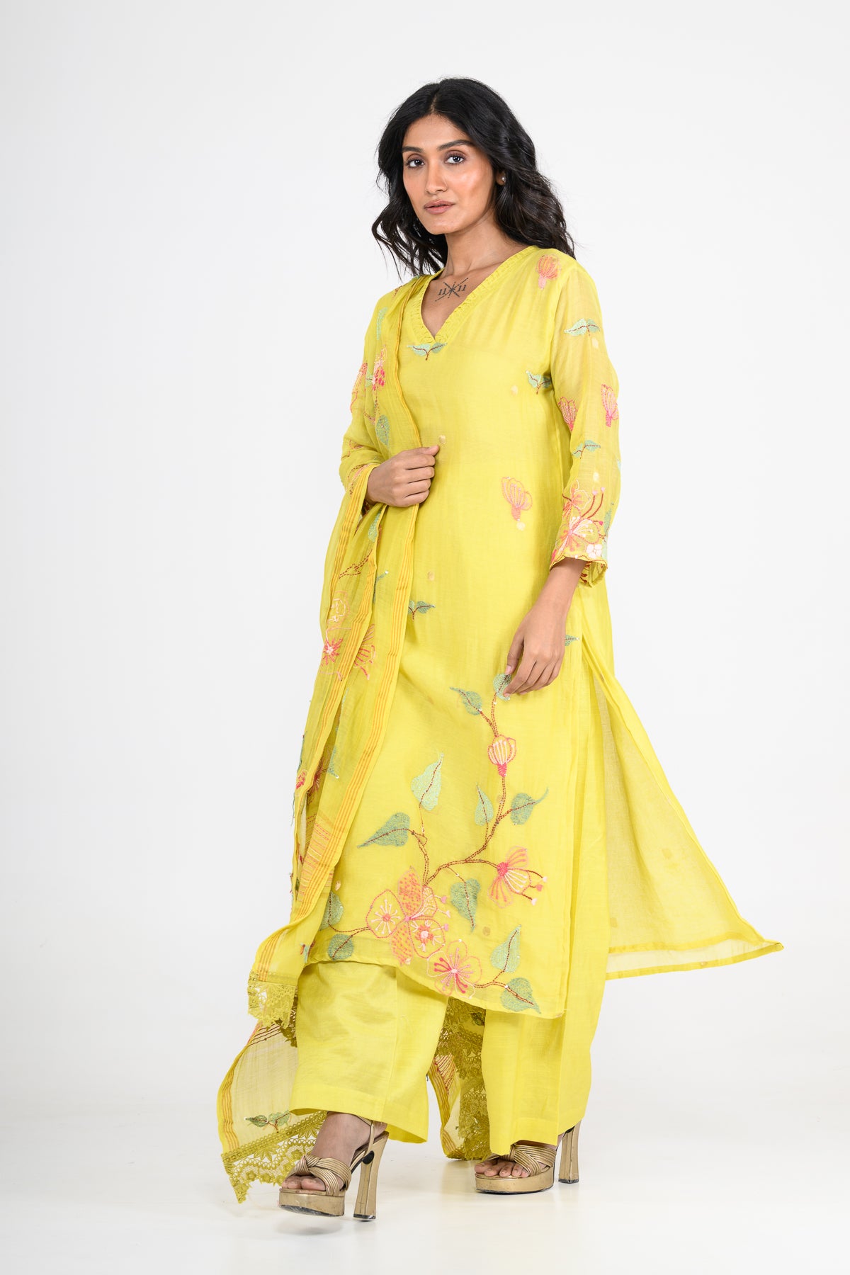 Sunshine Yellow Pure Mulmul Kurta Set & Dupatta with Katha Work
