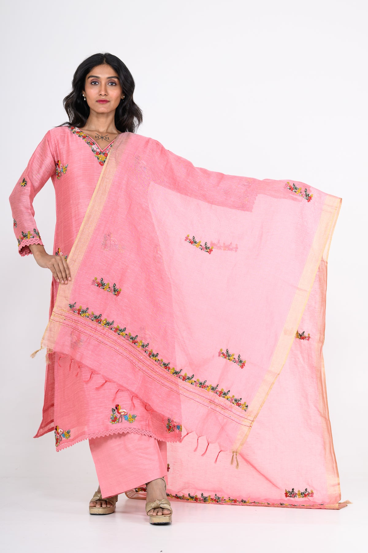 Pink Thread Embroidered Pure Linen Kurta Set & Dupatta