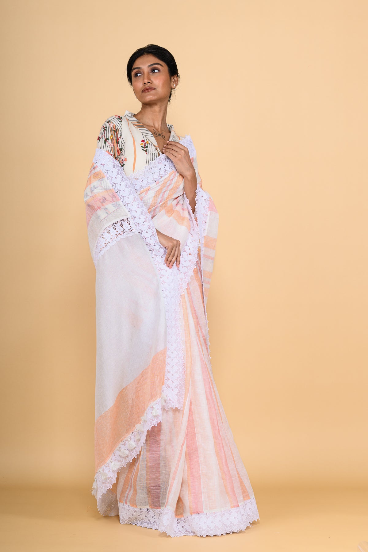 Peach Handwoven Jute Linen Saree