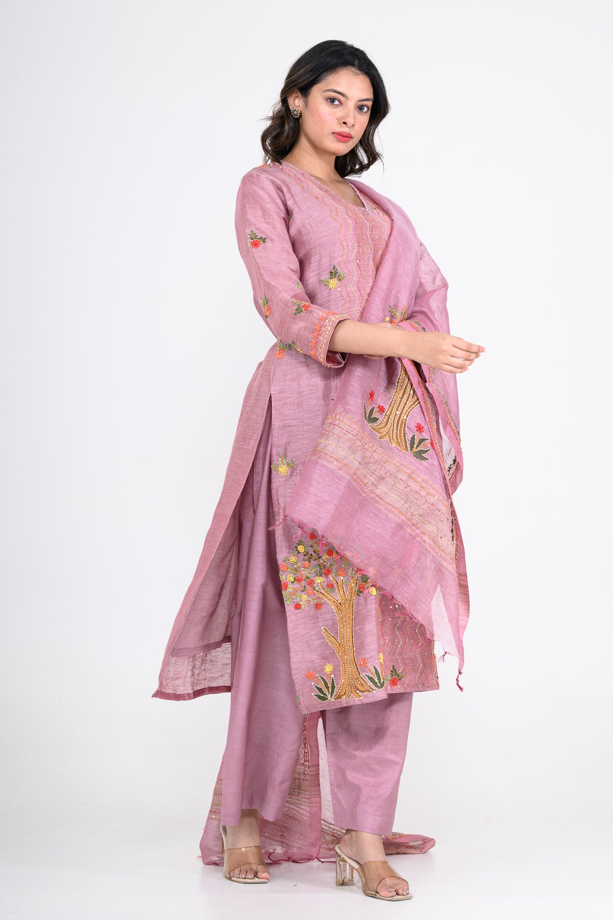Mauve Purple Handprinted Kurta Set with Katha & Tikki Highlight