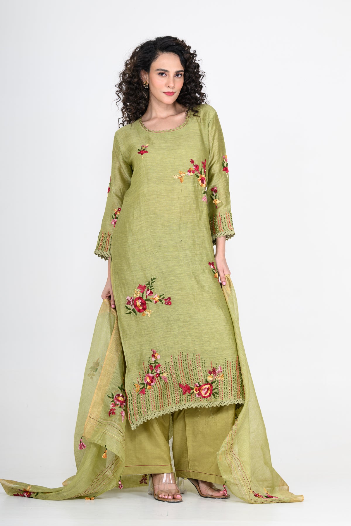 Leaf Green Thread Embroidered Pure Linen Kurta Set & Dupatta