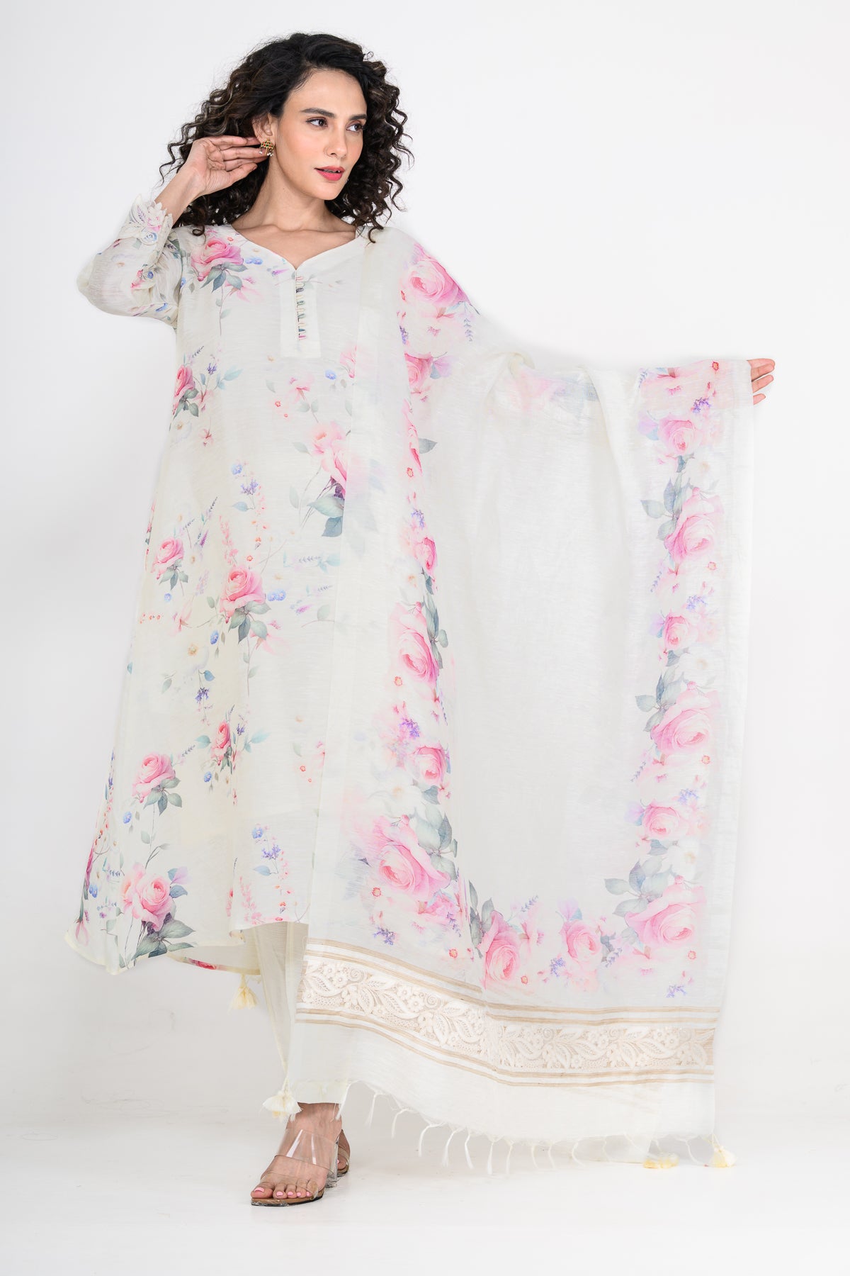 Pure Linen Off White Kurta Set with Dupatta