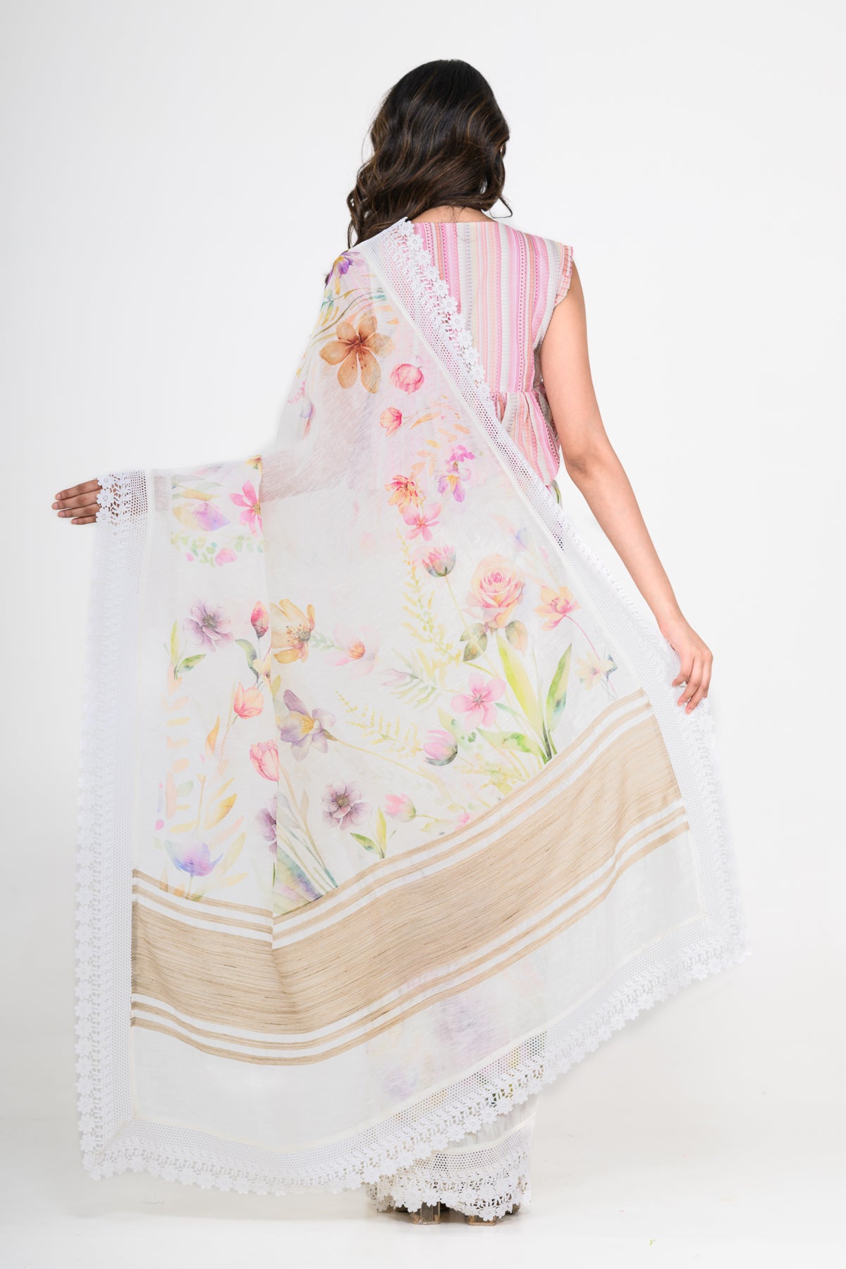 Floral Printed Off White Pure Linen Saree with Lace Work