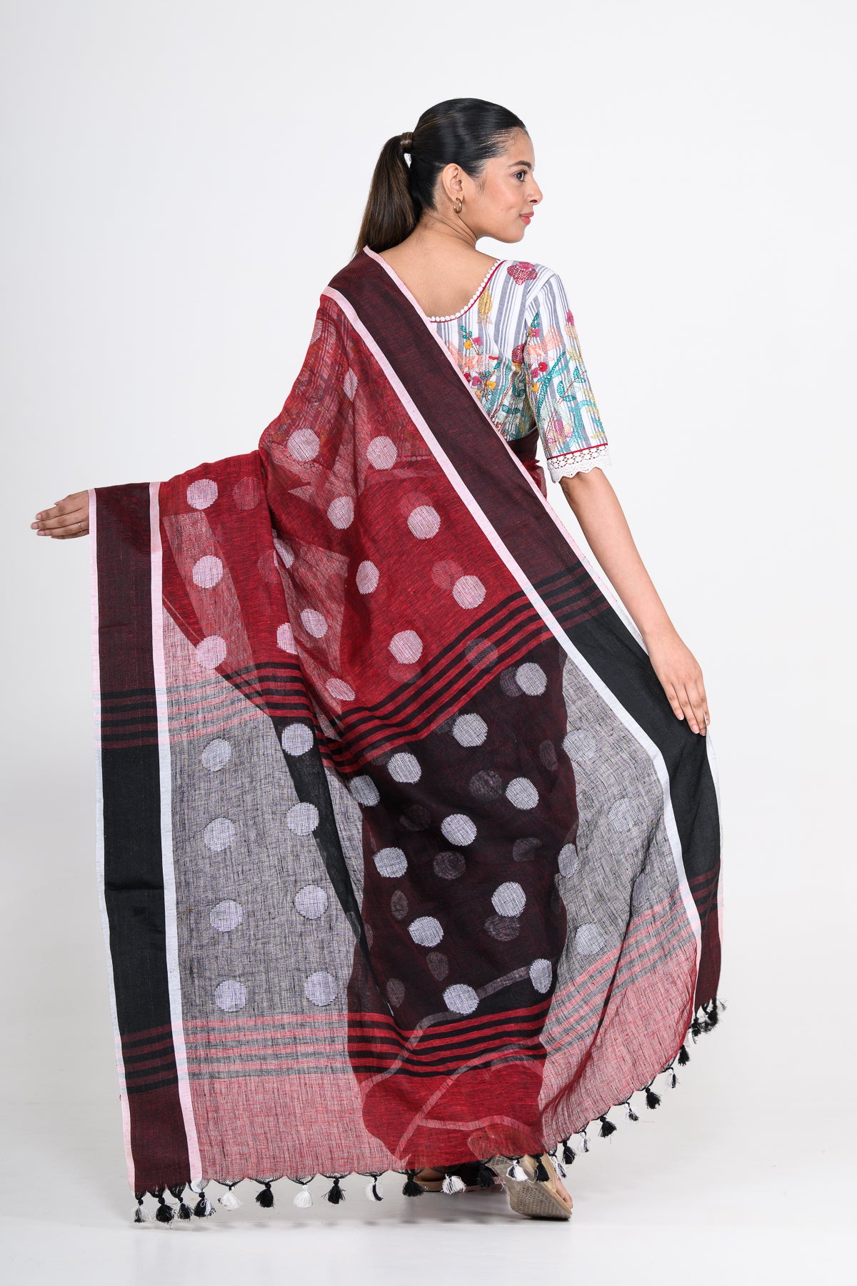 Red Pure Linen Polka Dot Handwoven Saree
