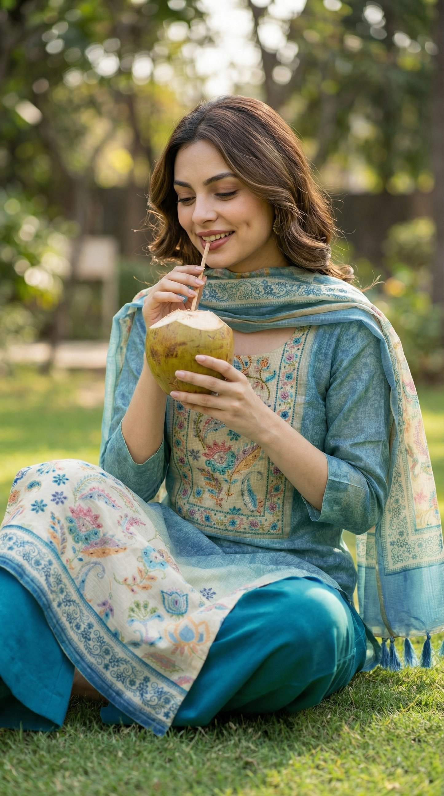 Resham Embroidery Rustic Blue Kota Stitched Suit Set