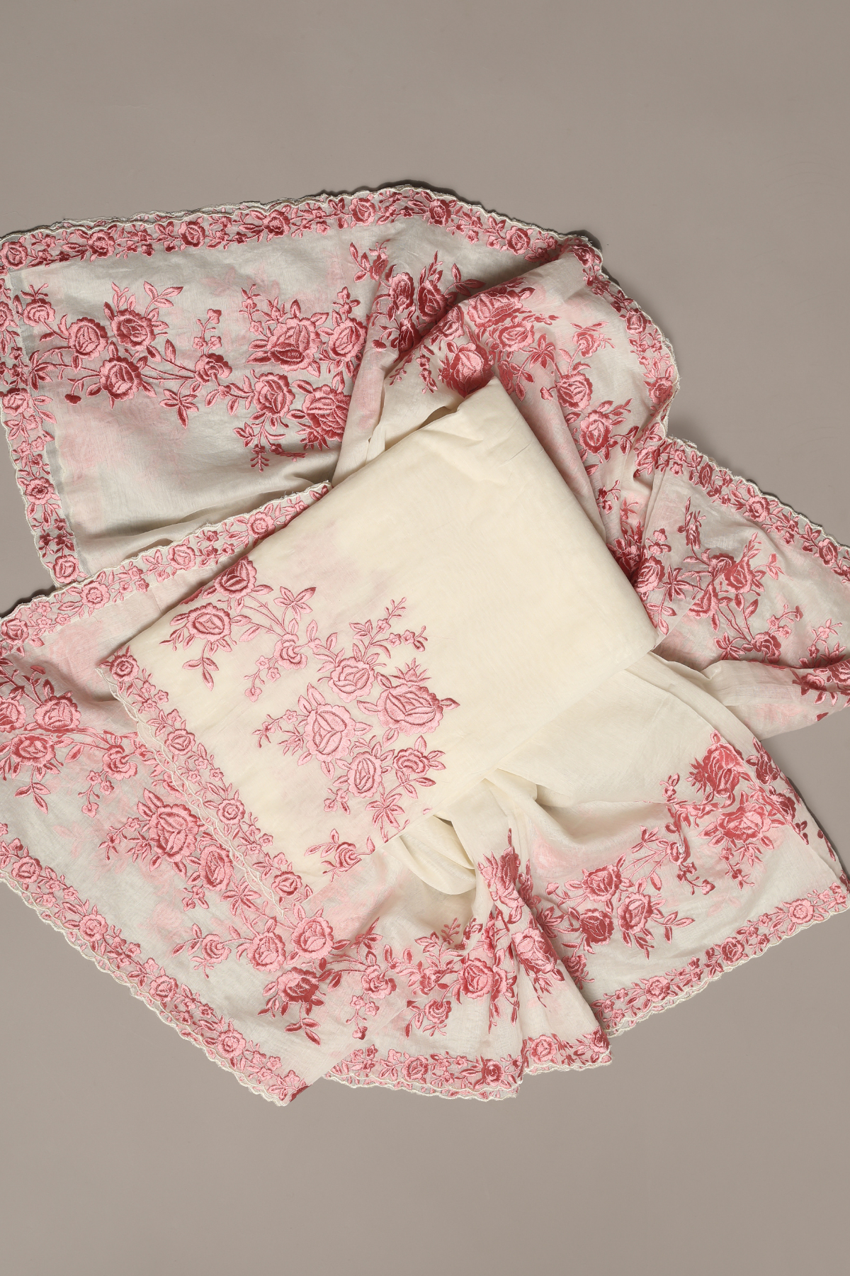 Pearl White & Pink Highlighted Mul Kurta Set with Parsi Embroidery