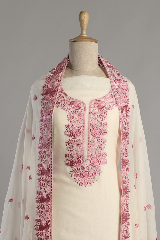 Feather White & Pink Highlighted Mul Kurta Set with Parsi Embroidery