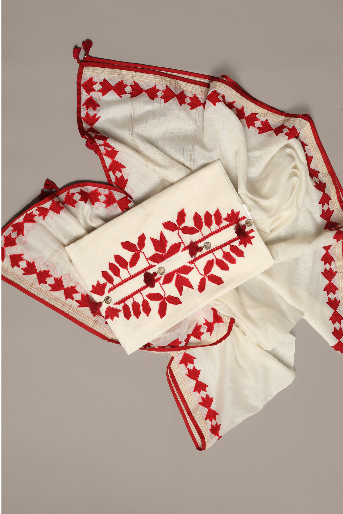 White & Red Soft Mul Kurta Set with Floral Applique Work