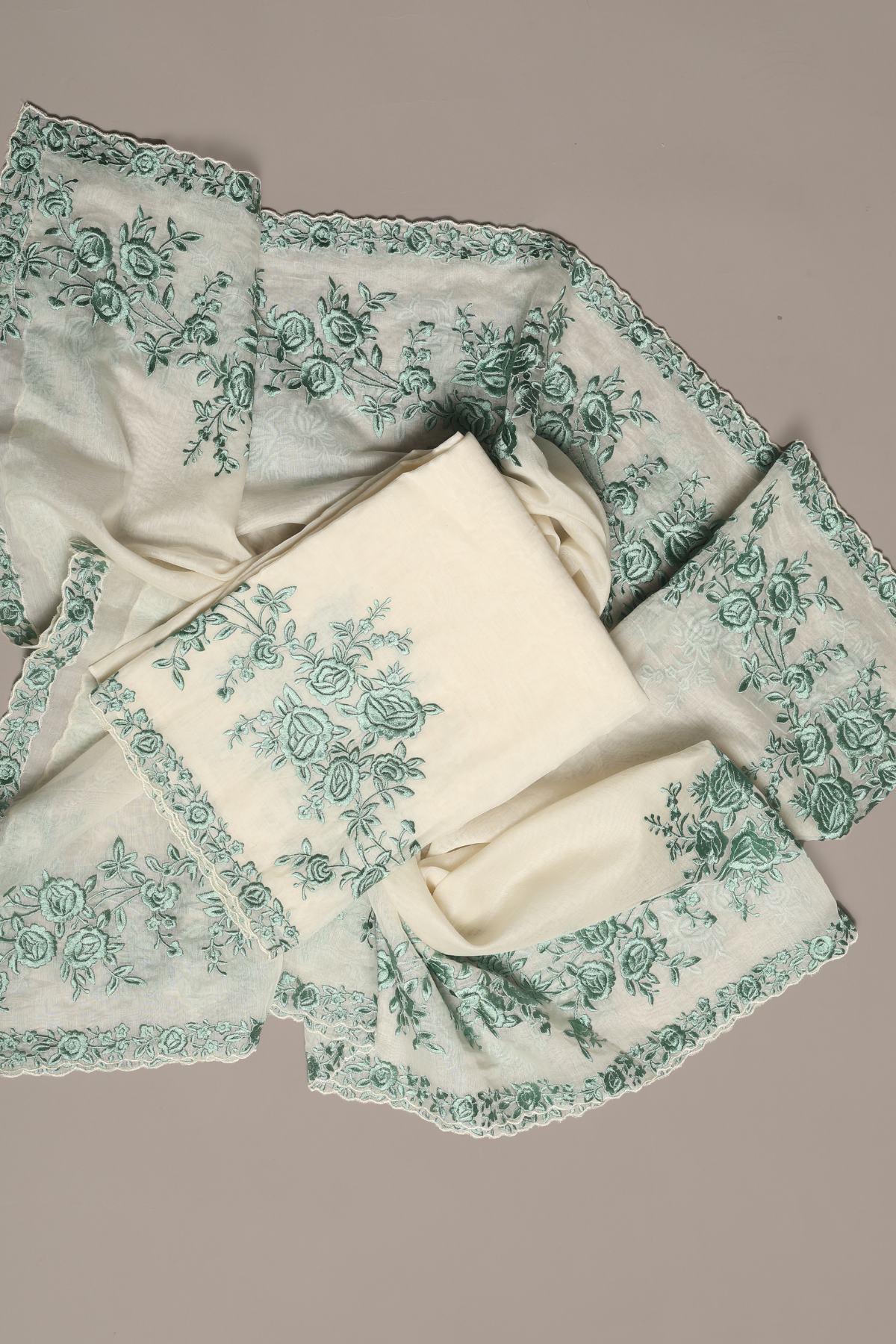 Pearl White & Green Highlighted Mul Kurta Set with Parsi Embroidery