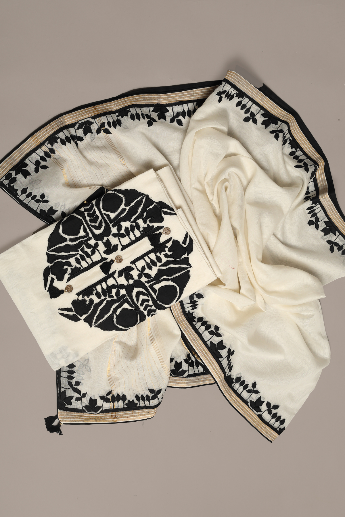 Unstitched Ivory White-Black Dual Tone Mul unstitched Kurta Set with Contrast Applique