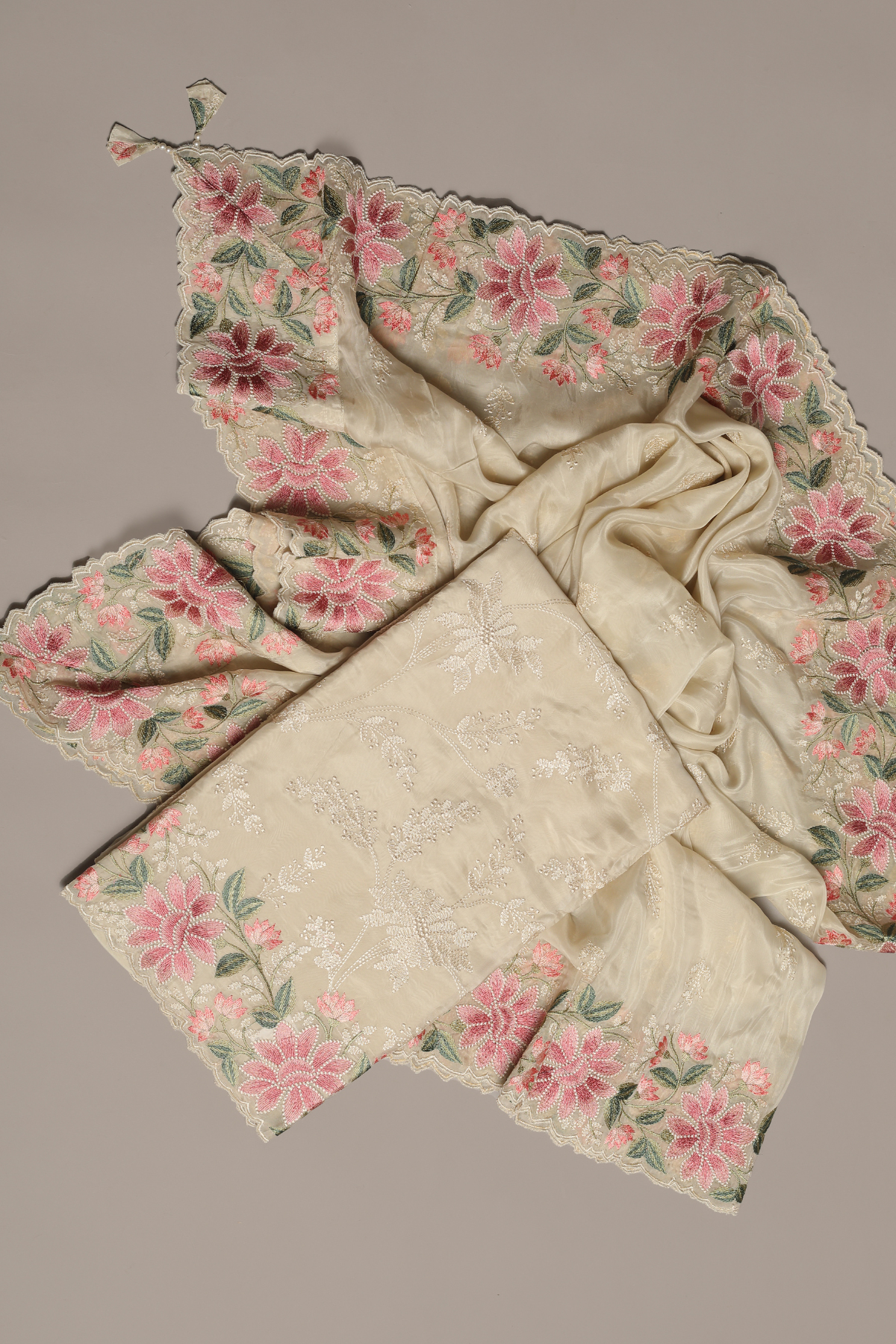 Bengal Silk Beige Kurta Set with Intricate Parsi Embroidery