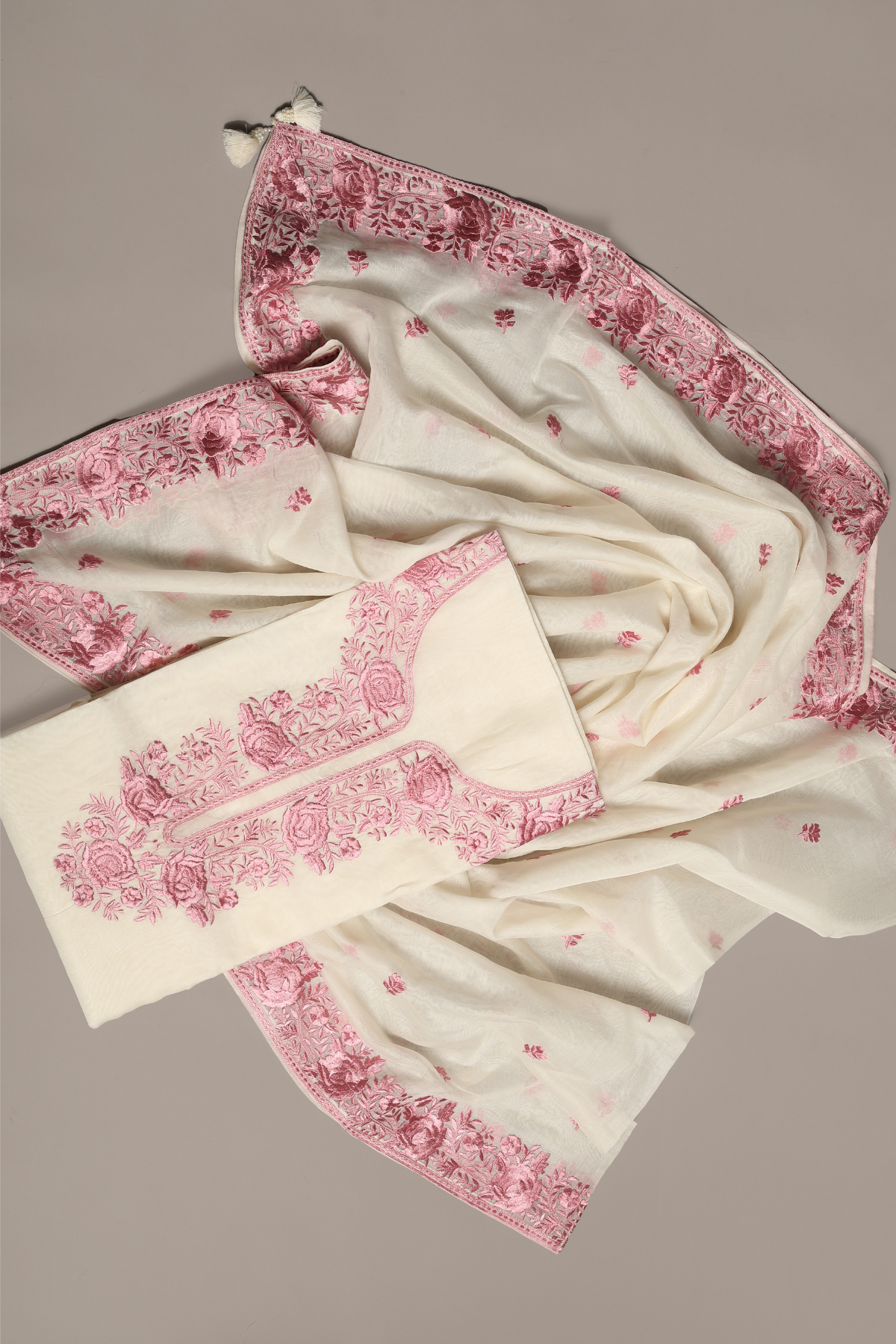Feather White & Pink Highlighted Mul Kurta Set with Parsi Embroidery