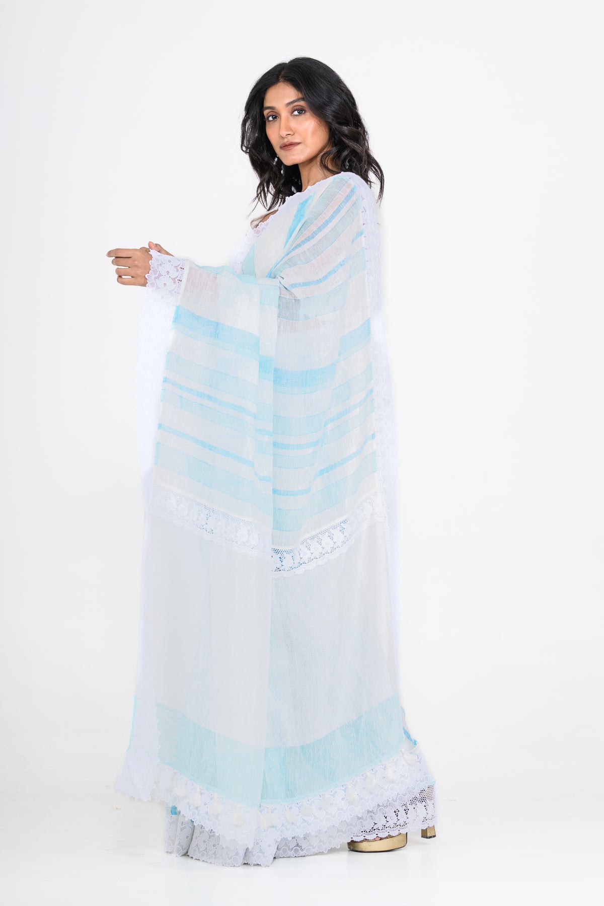 Printed Light Blue Pure Linen Saree