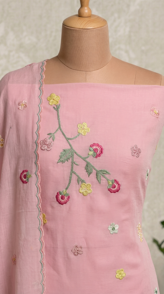 Light pink Resham 3D Embroidery Mul Mul Unstitched Suit Set