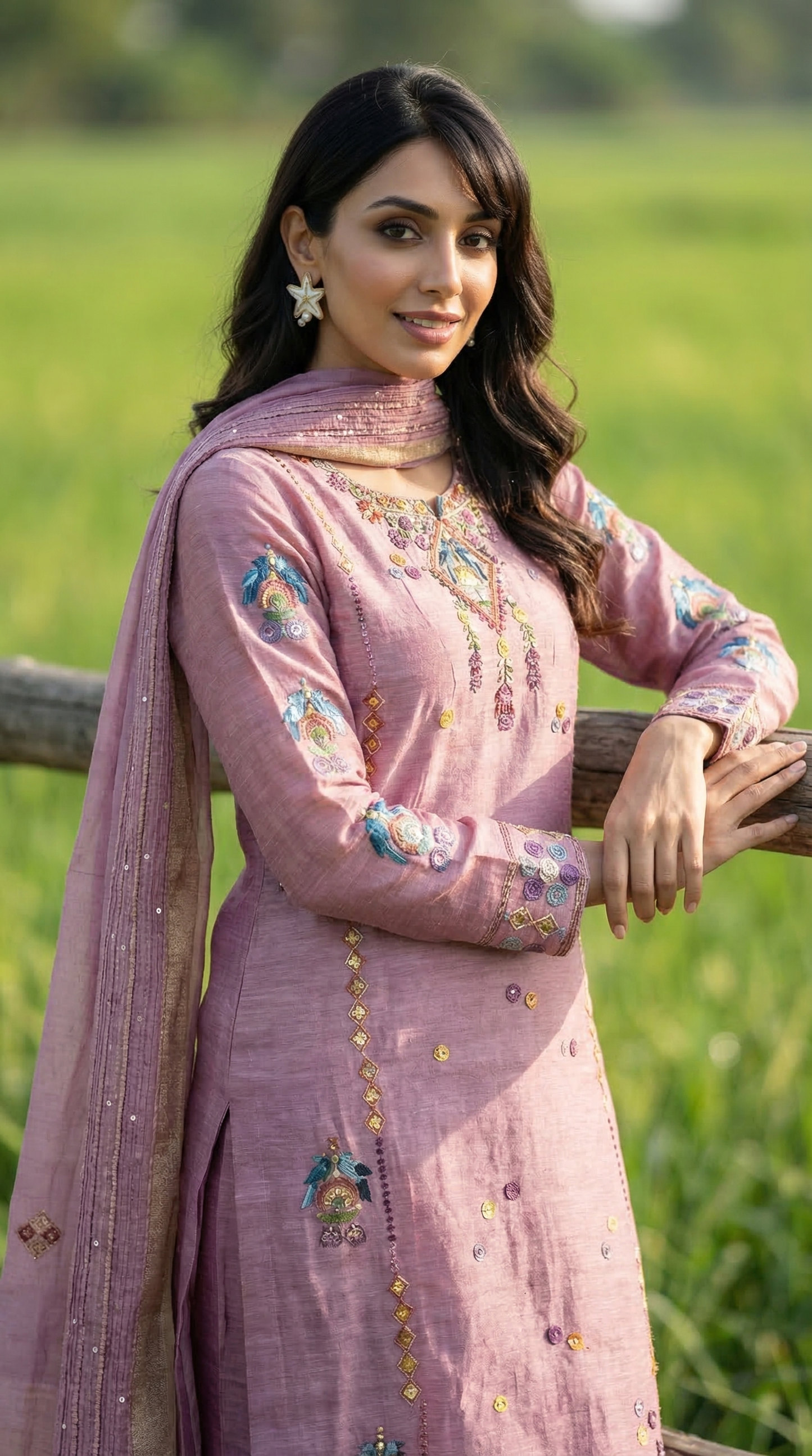 Mauve Resham Embroidery Linen Suit Set