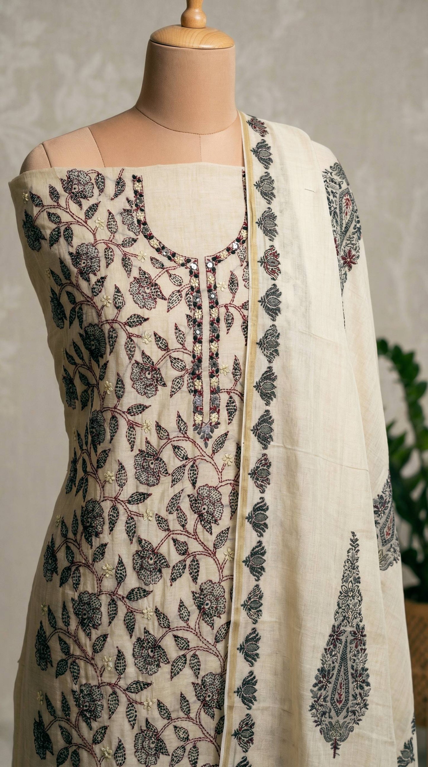 Resham Embroidery Beige & Black chanderi Unstitched Suit Set