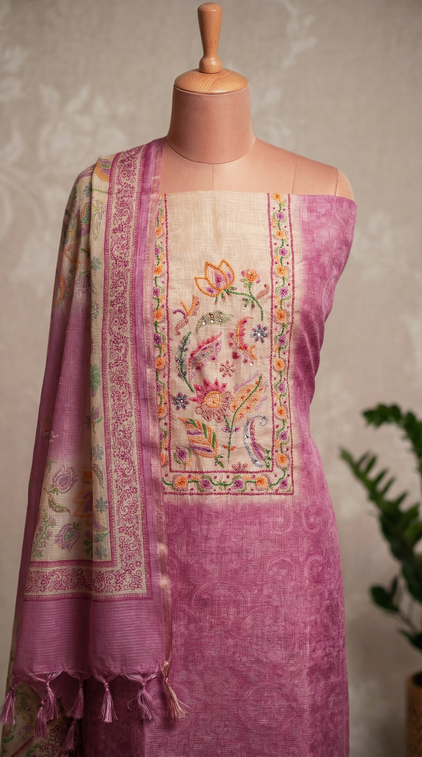 Resham Embroidery Electric Pink Kota Unstitched Suit Set