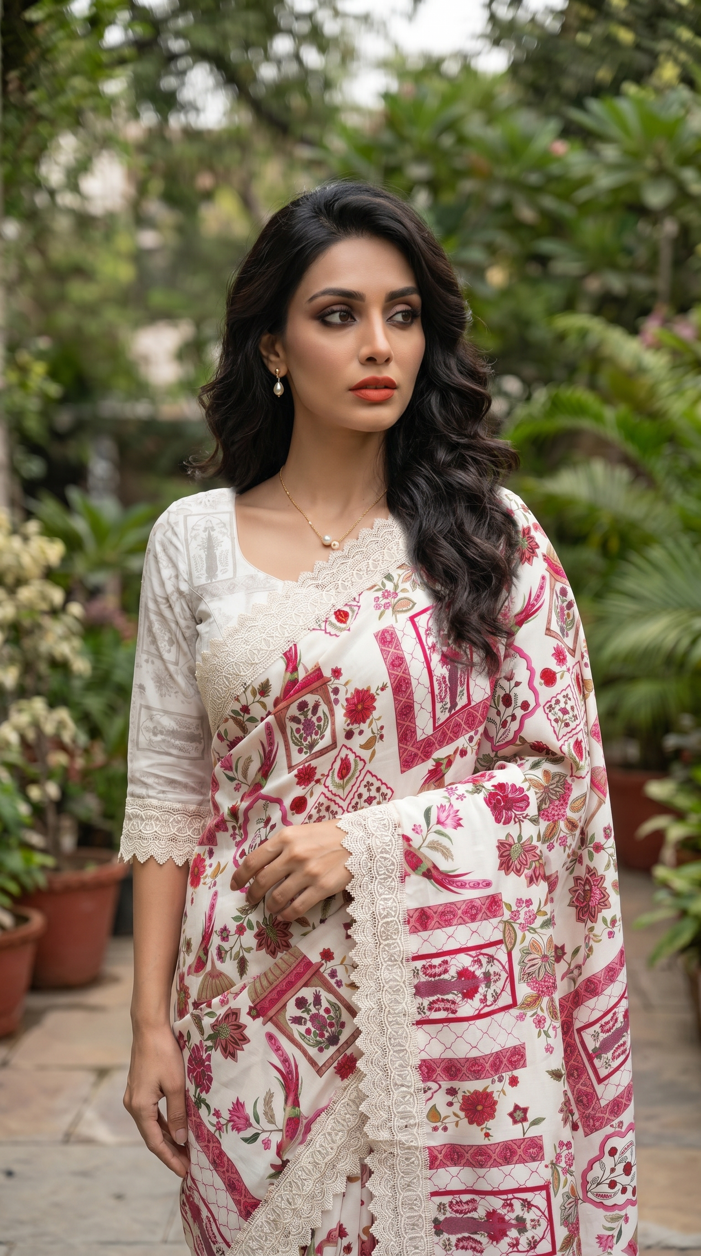 Cream Coloured Pink Floral Pinted Saree
